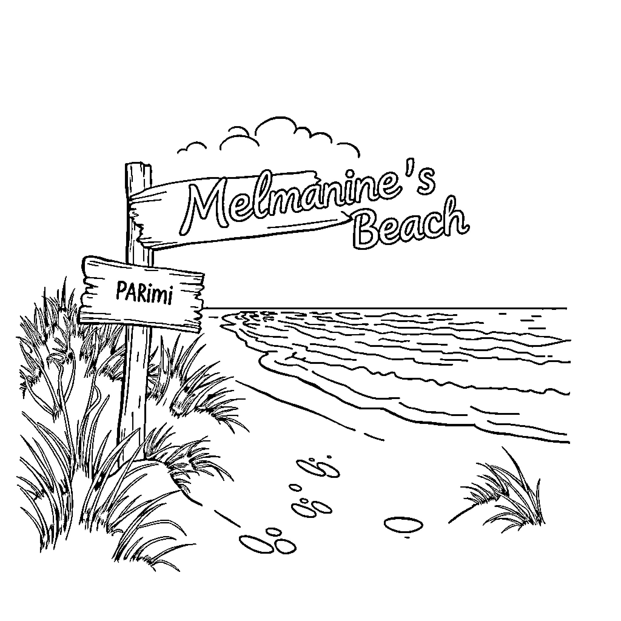 Beach sign pointing to scenic coastal view Coloring Page (free black-and-white line drawing printable PDF for all, from beginners to advanced learners, including children, teens, adults, and seniors)