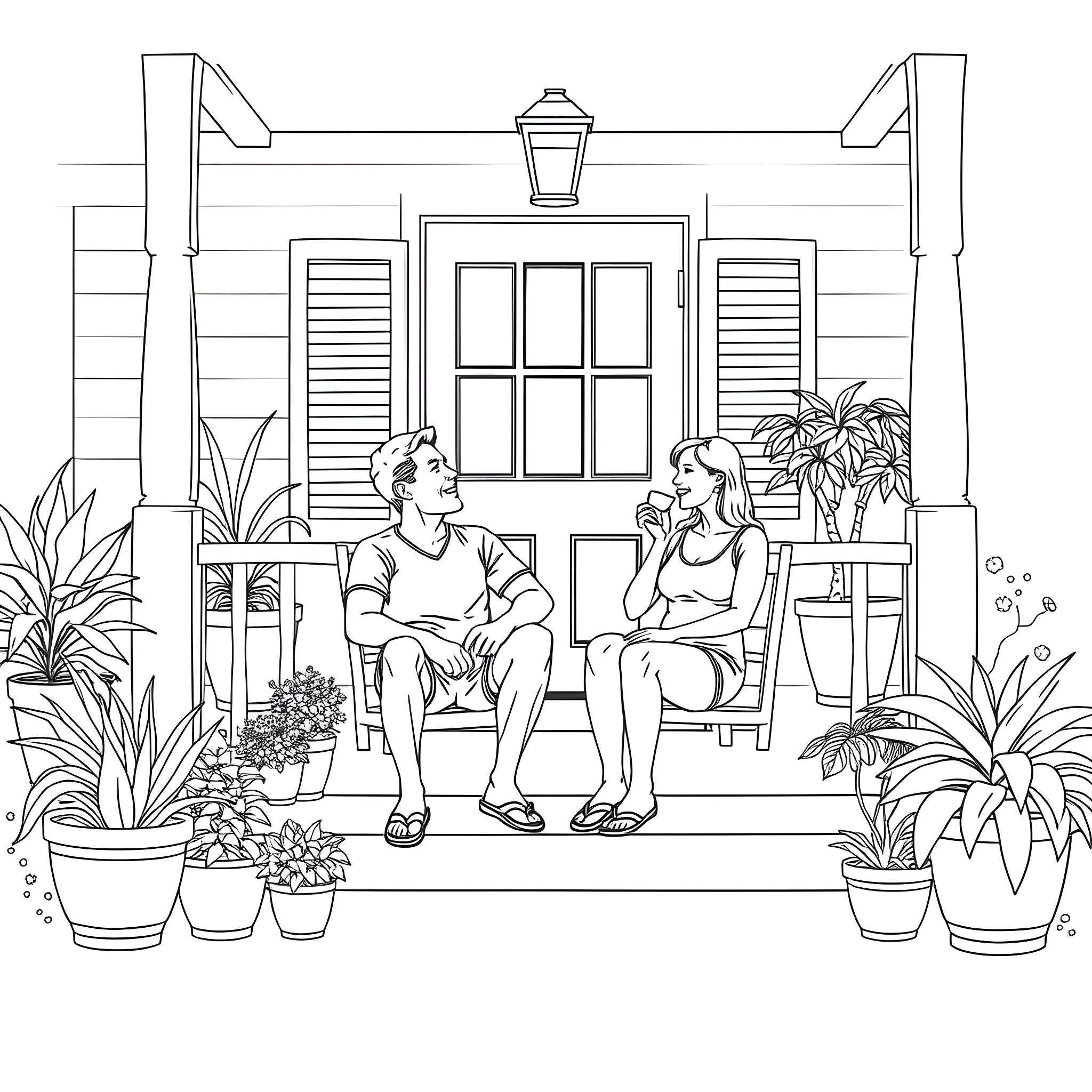 Person sitting on porch talking with another person Coloring Page (free black-and-white line drawing printable PDF for all, from beginners to advanced learners, including children, teens, adults, and seniors)