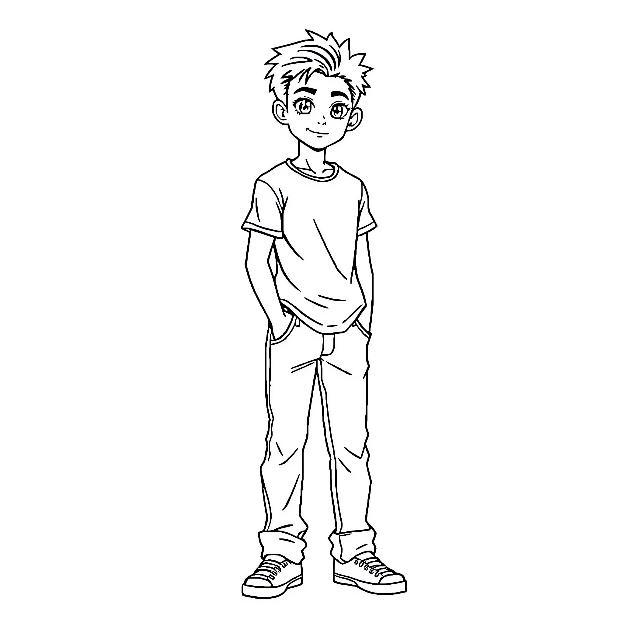 Joven mostrando alegría y confianza Coloring Page (free black-and-white line drawing printable PDF for all, from beginners to advanced learners, including children, teens, adults, and seniors)
