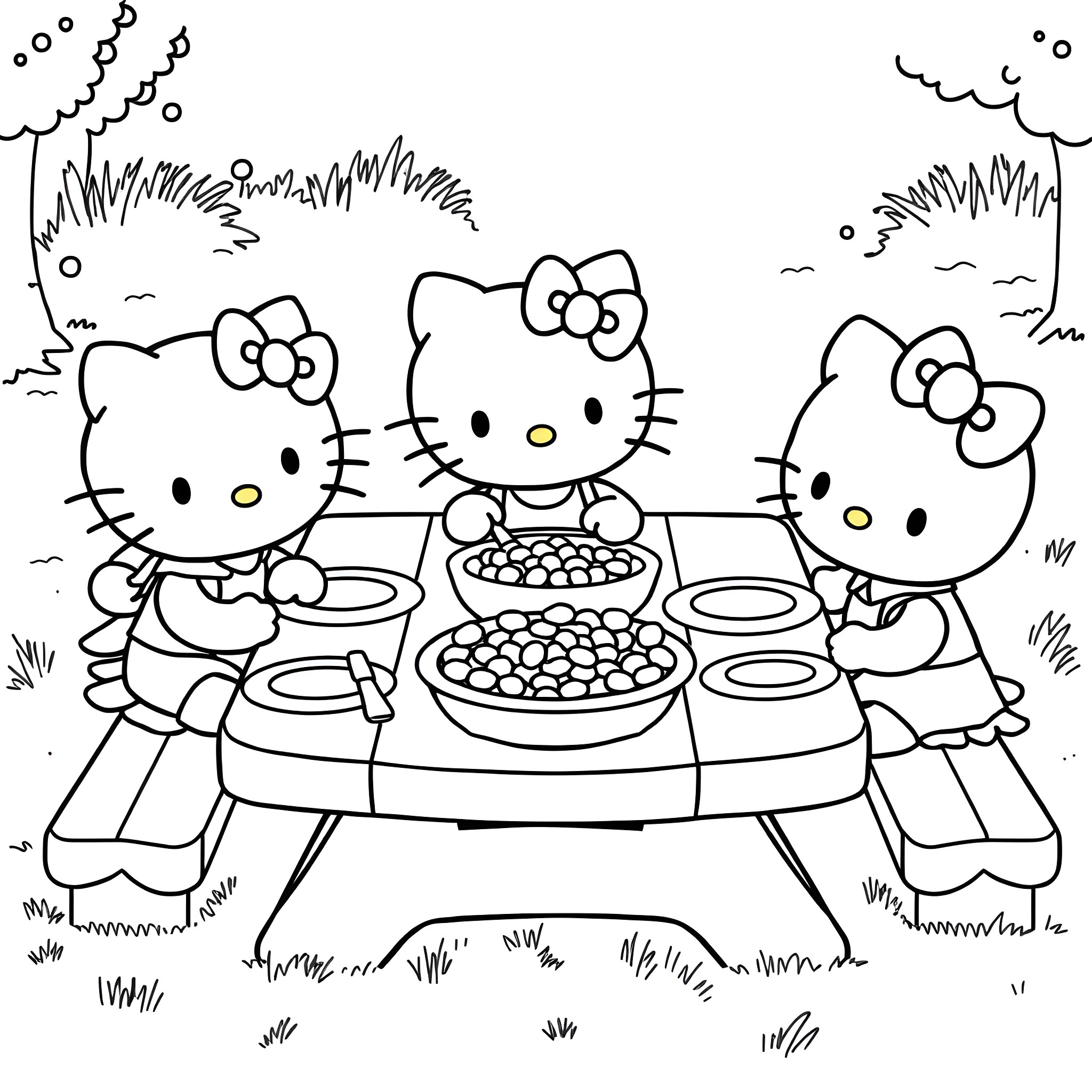 Hello Kitty and friends having a picnic together Coloring Page (free black-and-white line drawing printable PDF for all, from beginners to advanced learners, including children, teens, adults, and seniors)