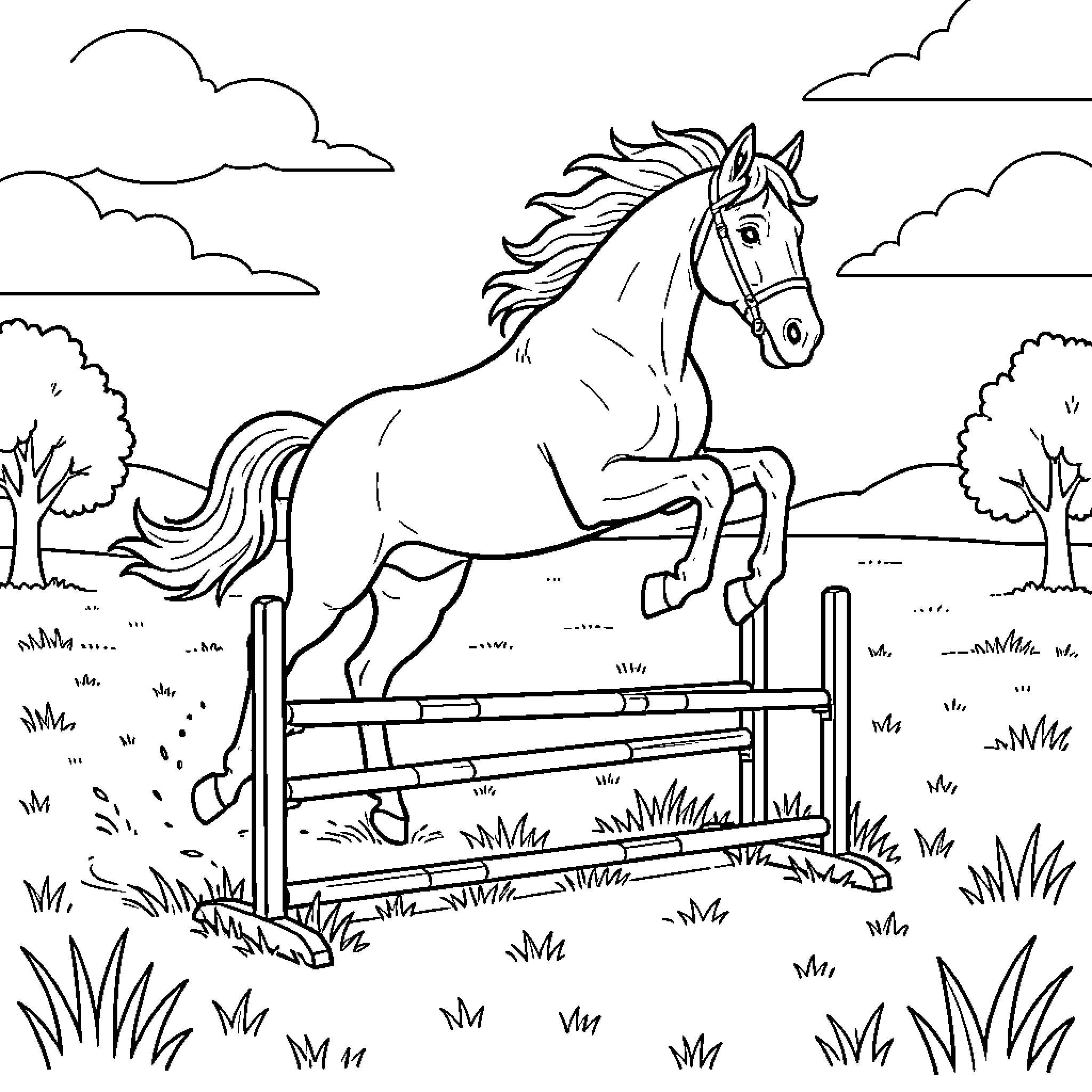 Horse jumping over obstacle in the countryside Coloring Page (free black-and-white line drawing printable PDF for all, from beginners to advanced learners, including children, teens, adults, and seniors)