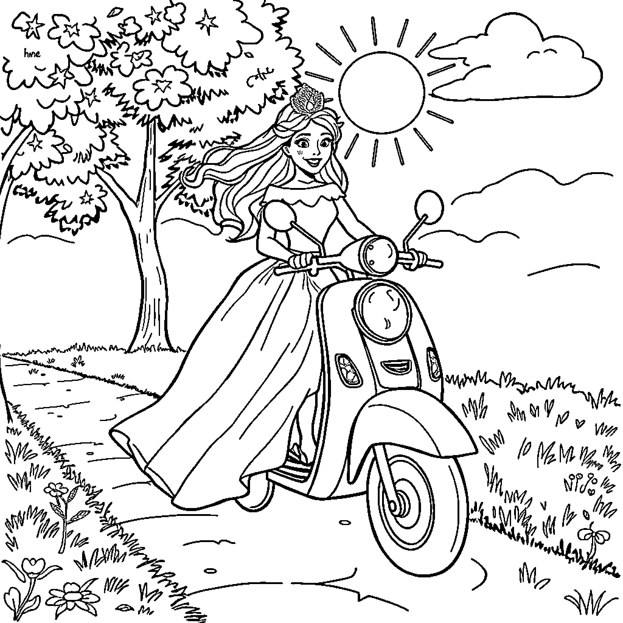 Princess Enjoying a Sunny Scooter Ride Coloring Page (free black-and-white line drawing printable PDF for all, from beginners to advanced learners, including children, teens, adults, and seniors)