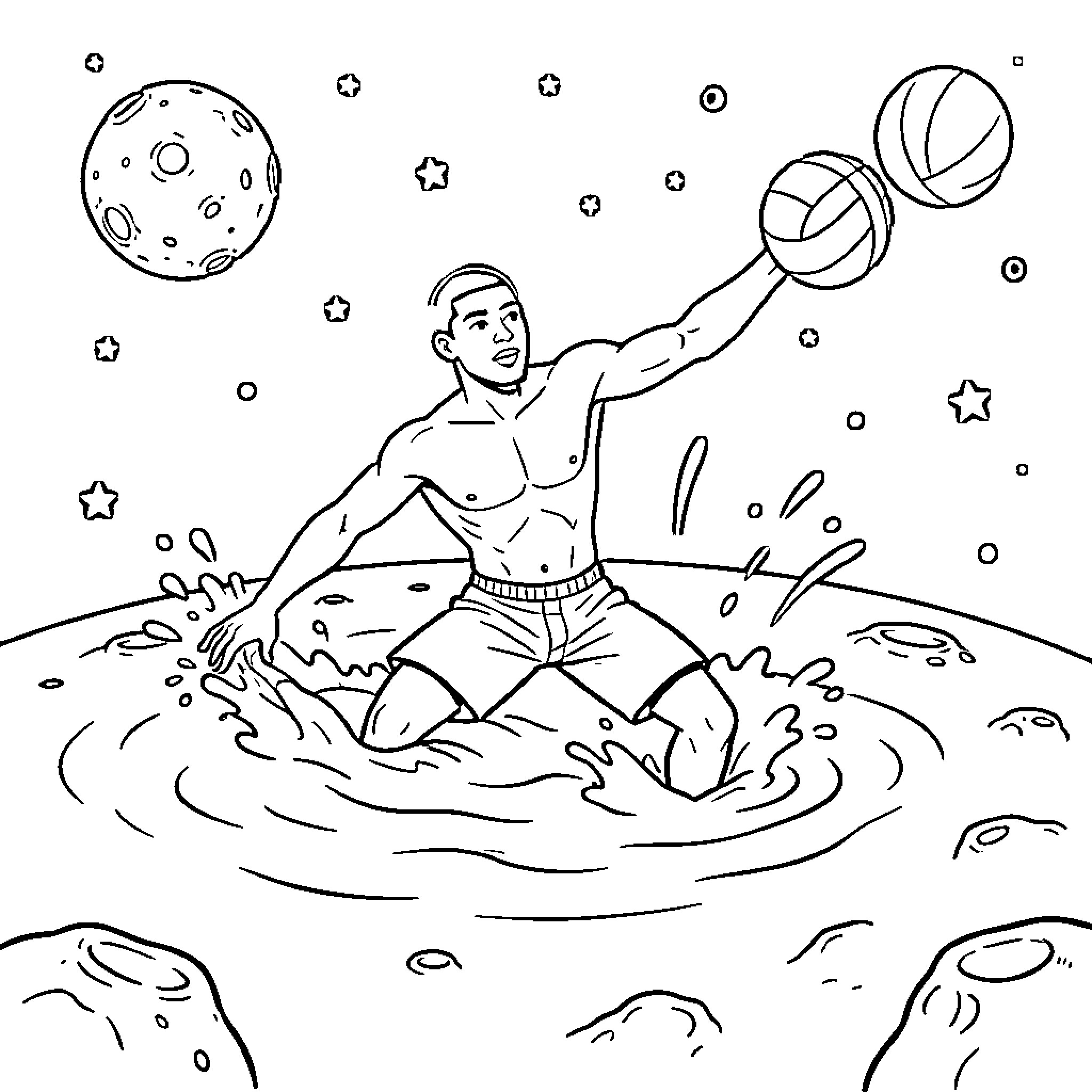 Mbappe playing volleyball in a cosmic landscape Coloring Page (free black-and-white line drawing printable PDF for all, from beginners to advanced learners, including children, teens, adults, and seniors)