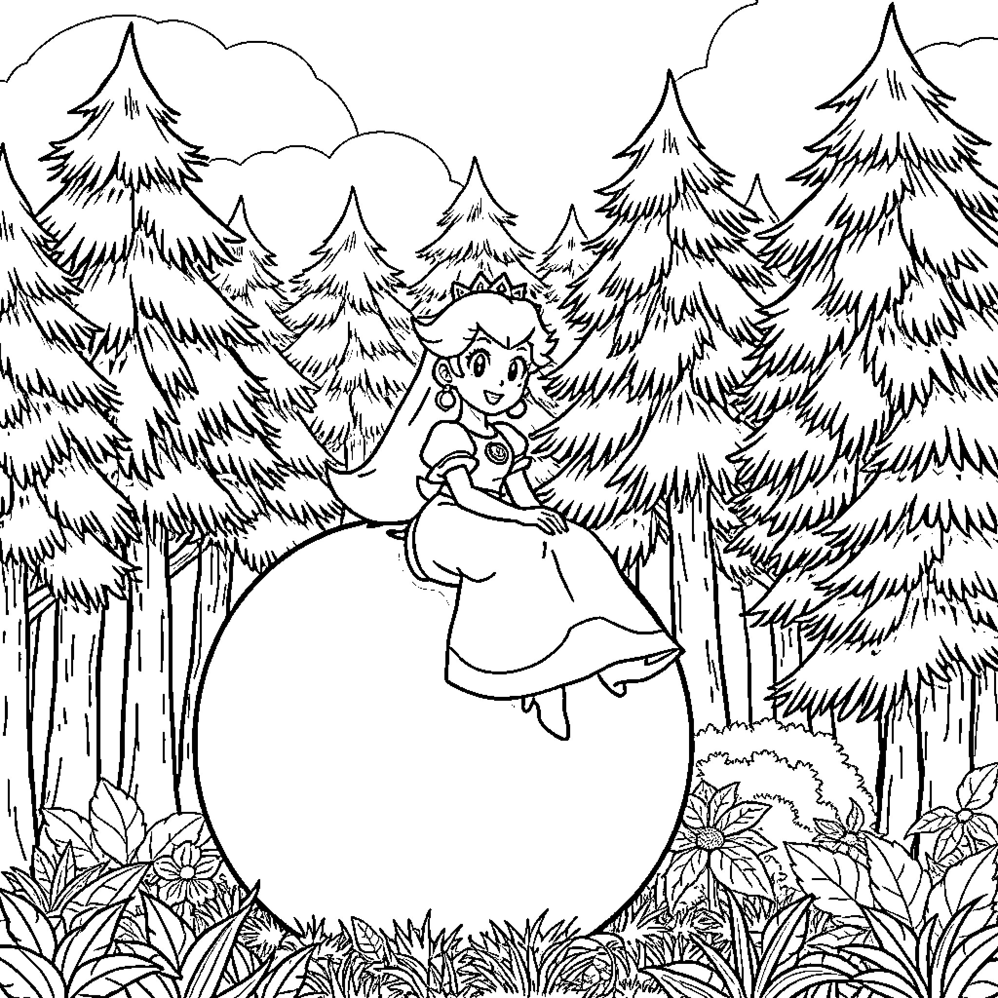Princess Wandering Peacefully in the Forest Coloring Page (free black-and-white line drawing printable PDF for all, from beginners to advanced learners, including children, teens, adults, and seniors)