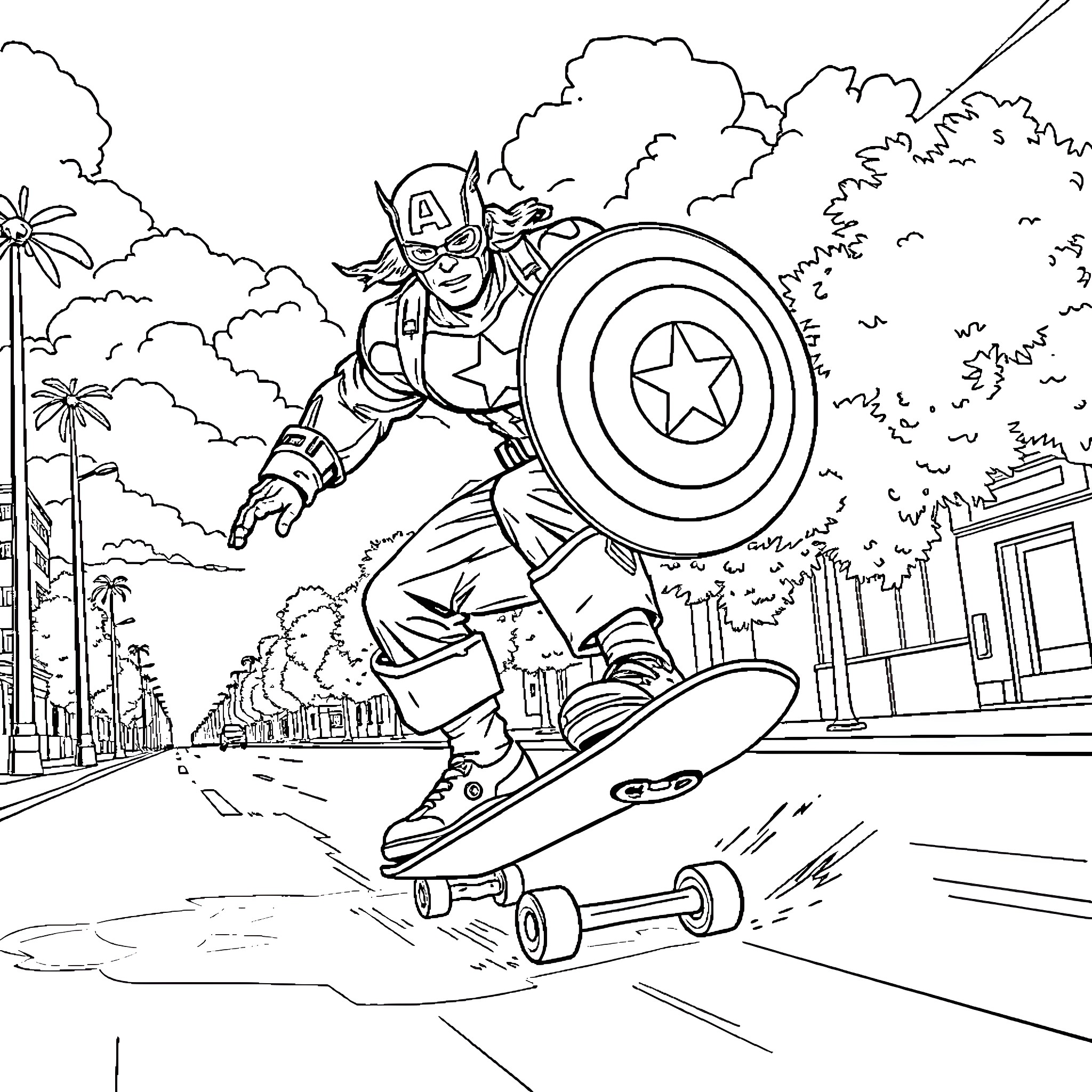 Captain America Skateboarding in Urban Cityscape Coloring Page (free black-and-white line drawing printable PDF for all, from beginners to advanced learners, including children, teens, adults, and seniors)