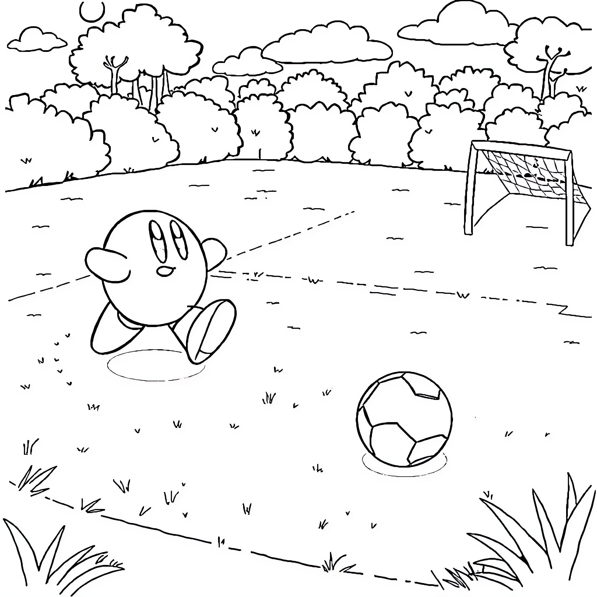 Kirby enjoying a day in the park Coloring Page (free black-and-white line drawing printable PDF for all, from beginners to advanced learners, including children, teens, adults, and seniors)