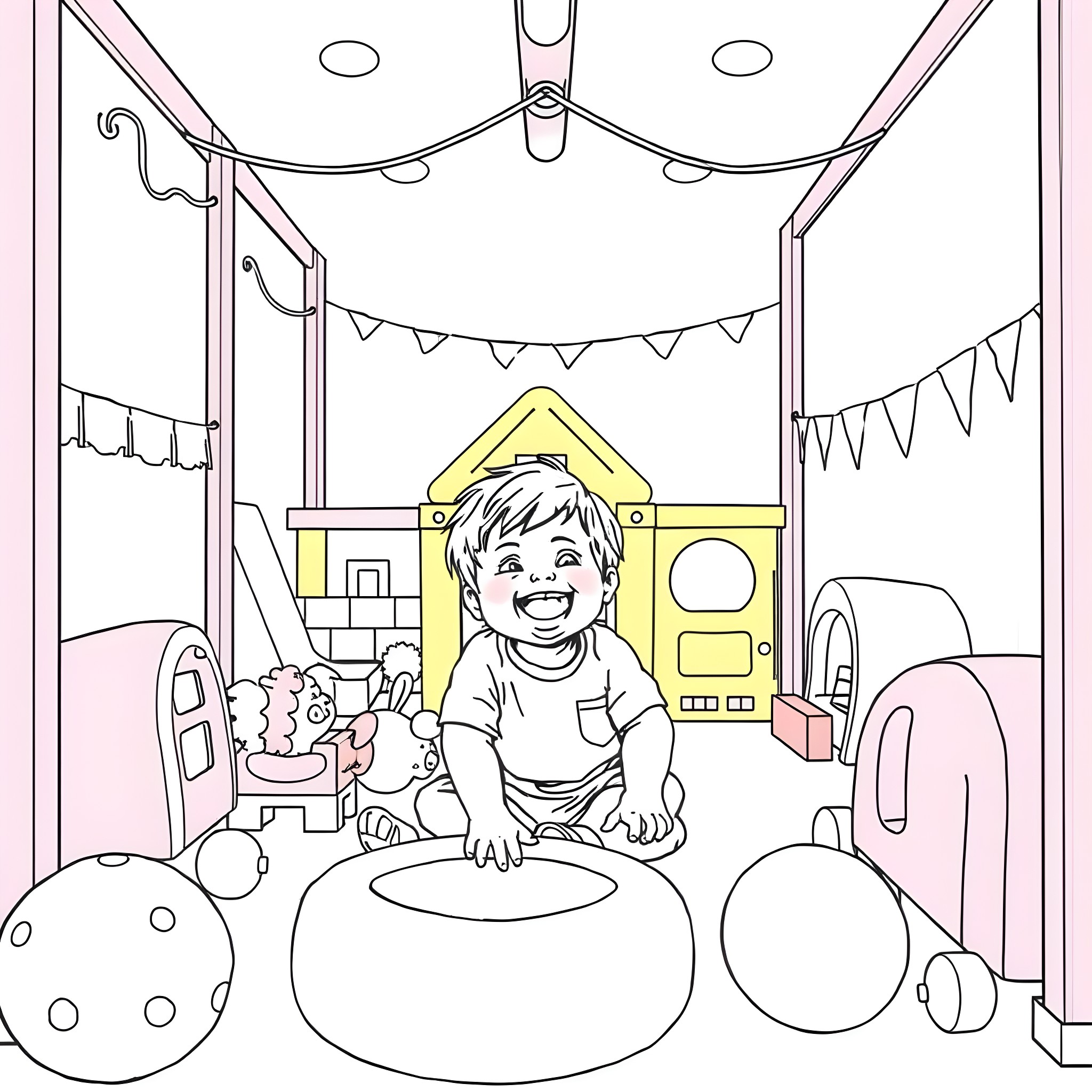 Bain: Young boy joyfully playing at a party Coloring Page (free black-and-white line drawing printable PDF for all, from beginners to advanced learners, including children, teens, adults, and seniors)