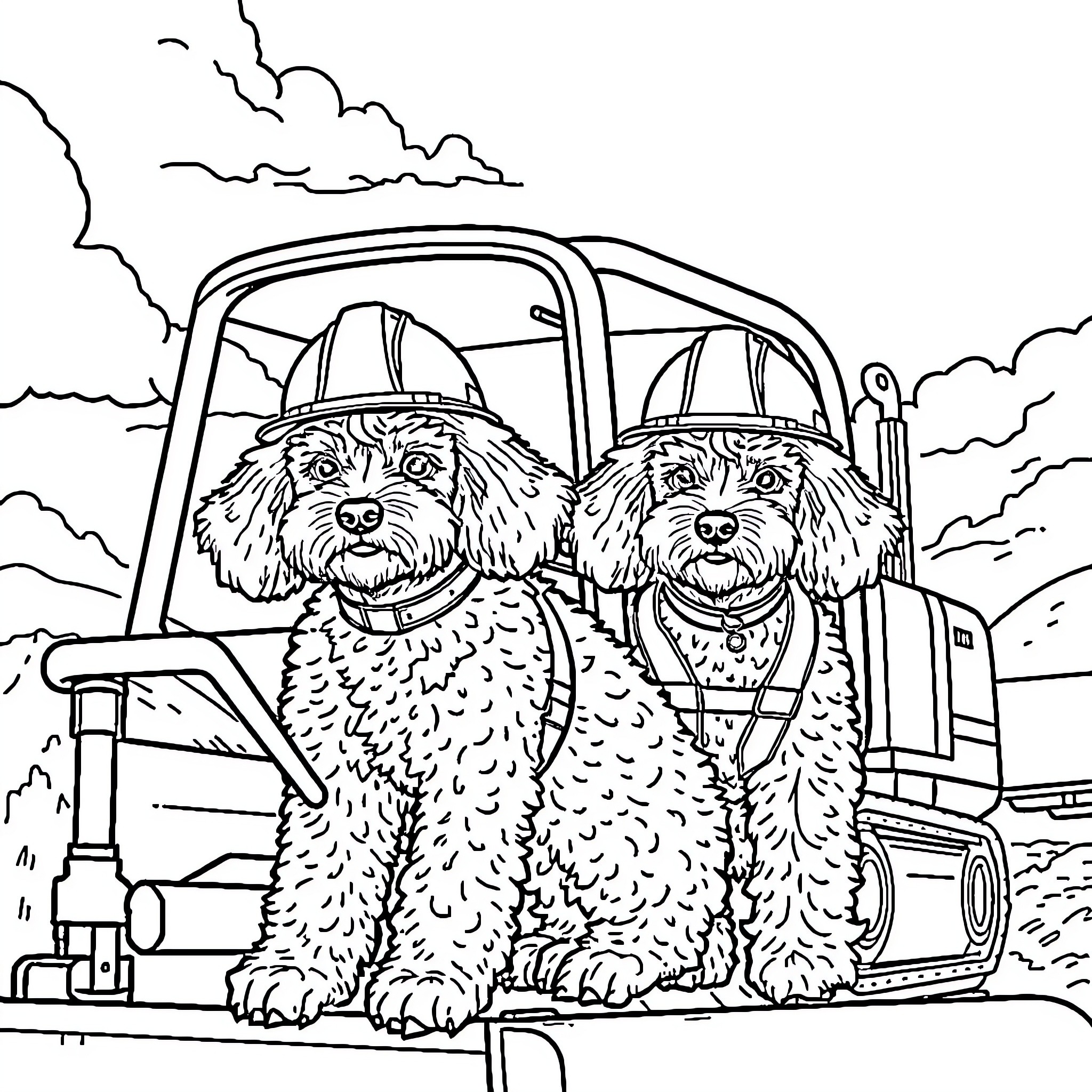 Poodle companions in a truck on the road Coloring Page (free black-and-white line drawing printable PDF for all, from beginners to advanced learners, including children, teens, adults, and seniors)