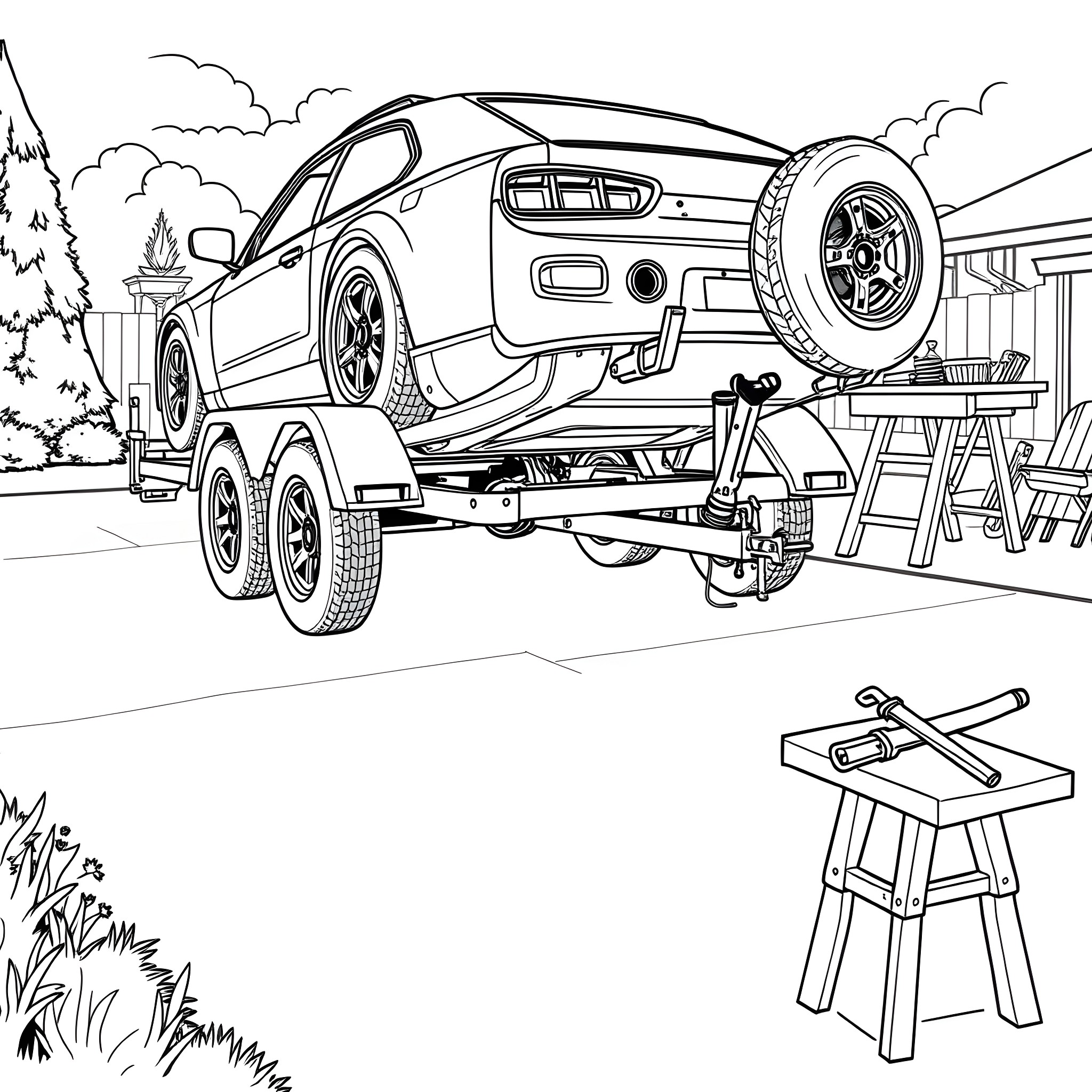 Car Trailer with Automotive Repair Tools Coloring Page (free black-and-white line drawing printable PDF for all, from beginners to advanced learners, including children, teens, adults, and seniors)
