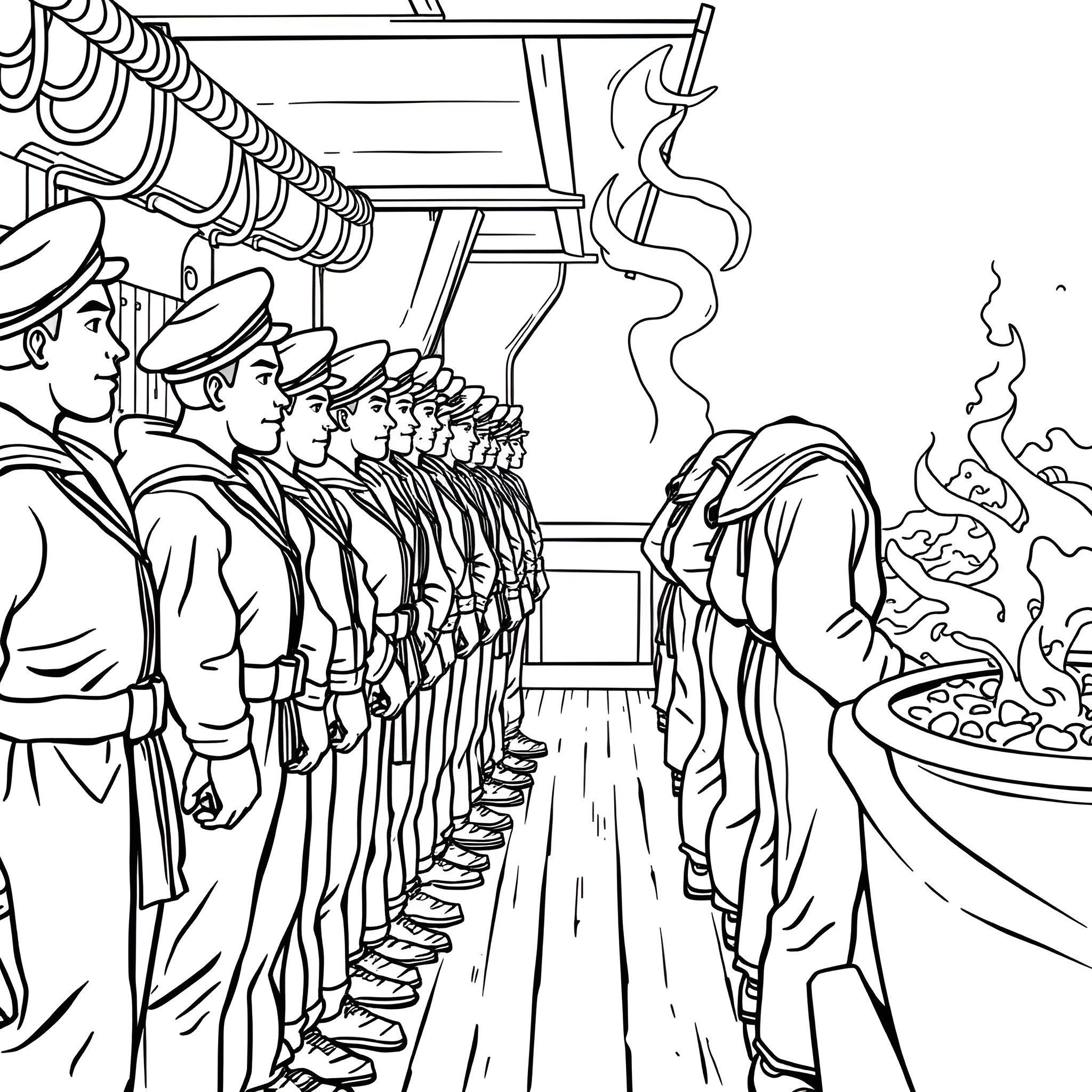 Sailor Cadets Undergoing Inspection in Military Barracks Coloring Page (free black-and-white line drawing printable PDF for all, from beginners to advanced learners, including children, teens, adults, and seniors)