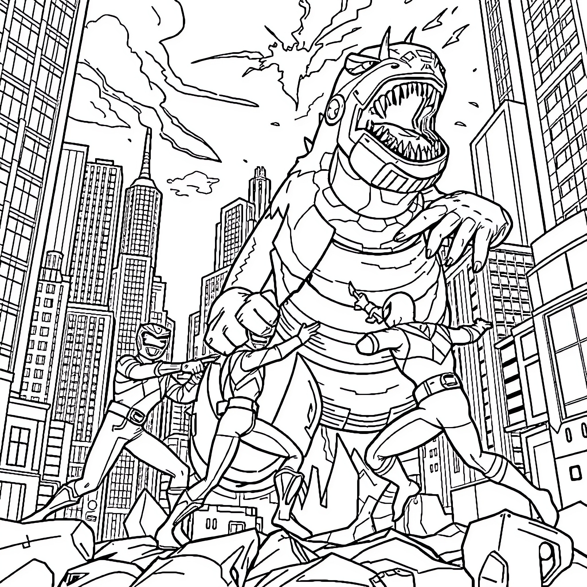 Power Ranger in Heroic Action Against City Destruction Coloring Page (free black-and-white line drawing printable PDF for all, from beginners to advanced learners, including children, teens, adults, and seniors)