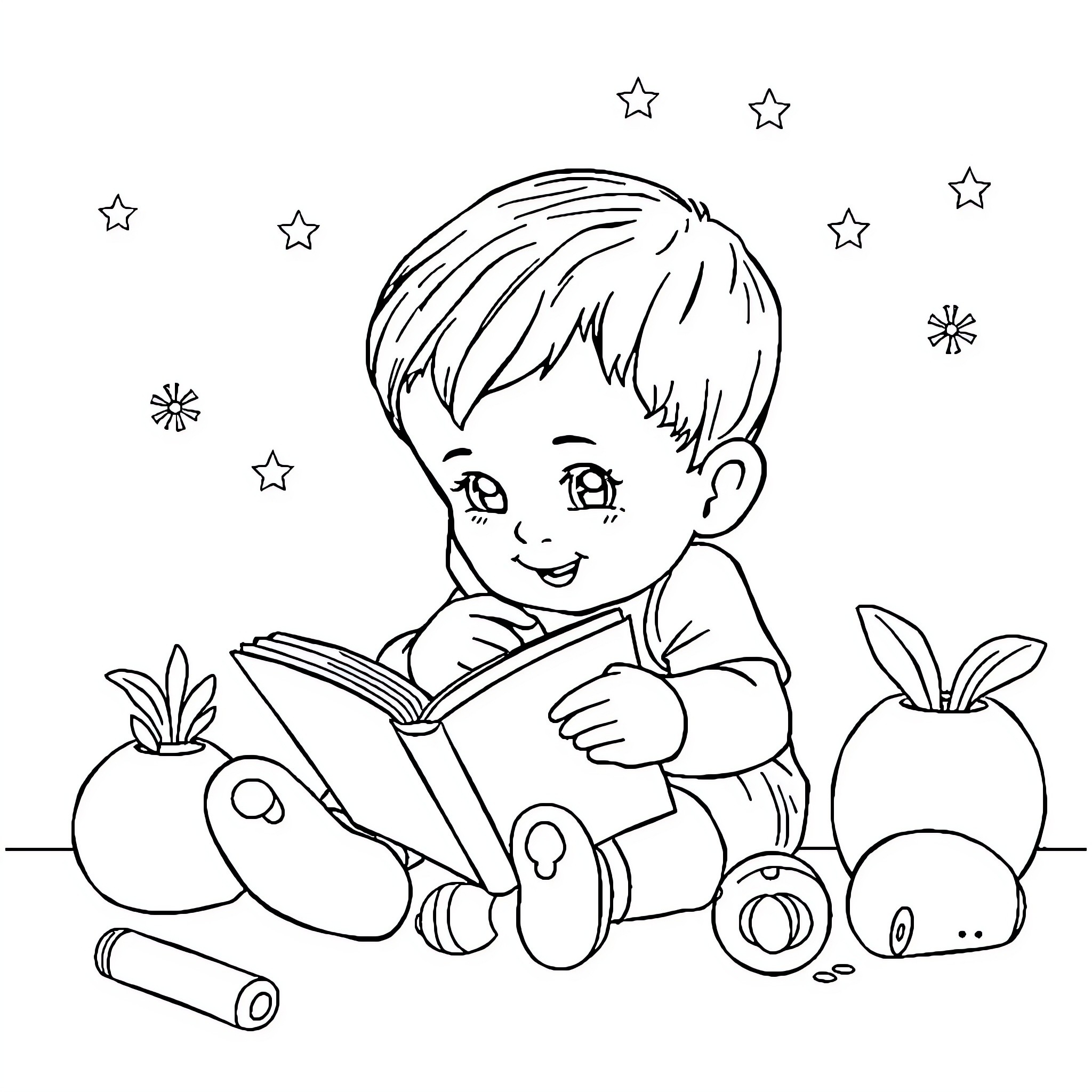 Boy reading book surrounded by toys and stars Coloring Page (free black-and-white line drawing printable PDF for all, from beginners to advanced learners, including children, teens, adults, and seniors)