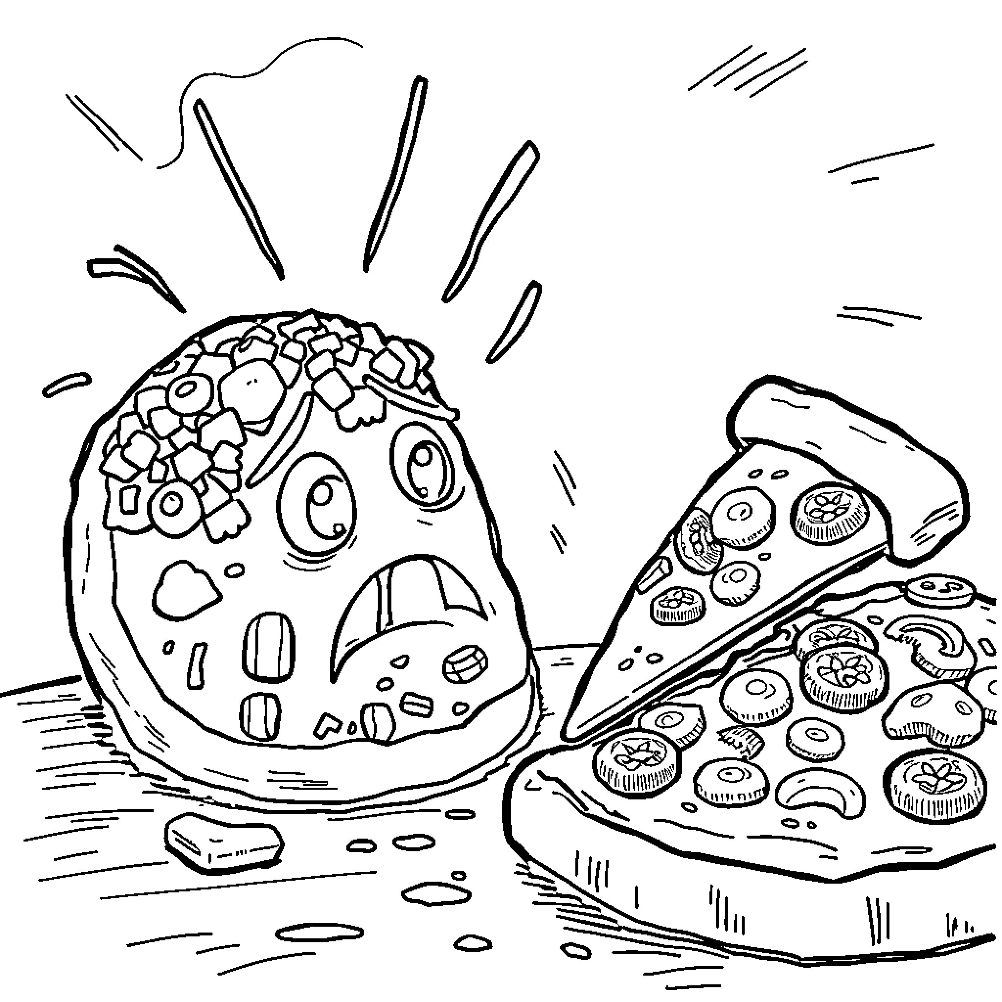Pizza-Faced Creature and Delightful Pizza Slice Coloring Page (free black-and-white line drawing printable PDF for all, from beginners to advanced learners, including children, teens, adults, and seniors)