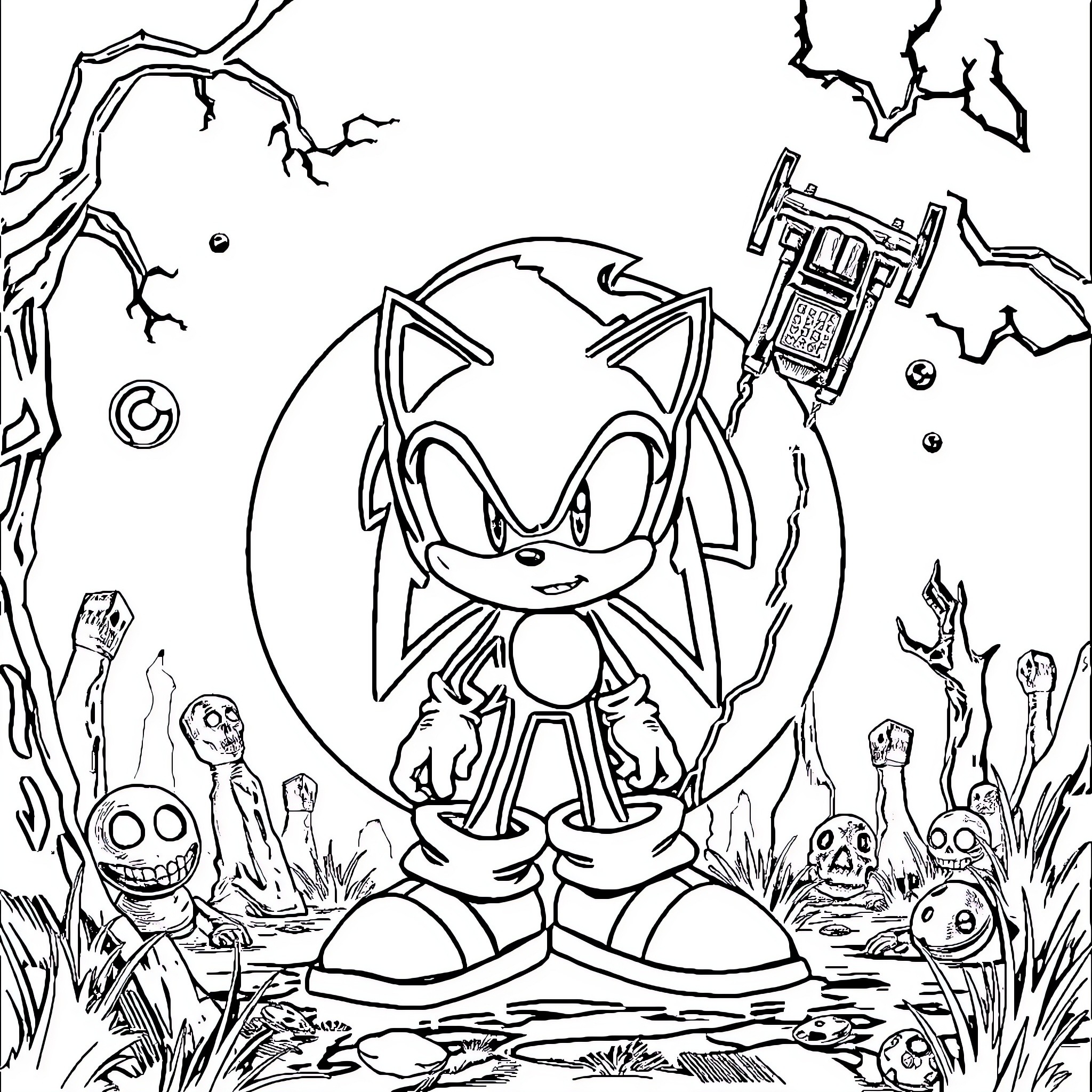 Sonic.exe's Eerie Exploration in a Haunting Landscape Coloring Page (free black-and-white line drawing printable PDF for all, from beginners to advanced learners, including children, teens, adults, and seniors)