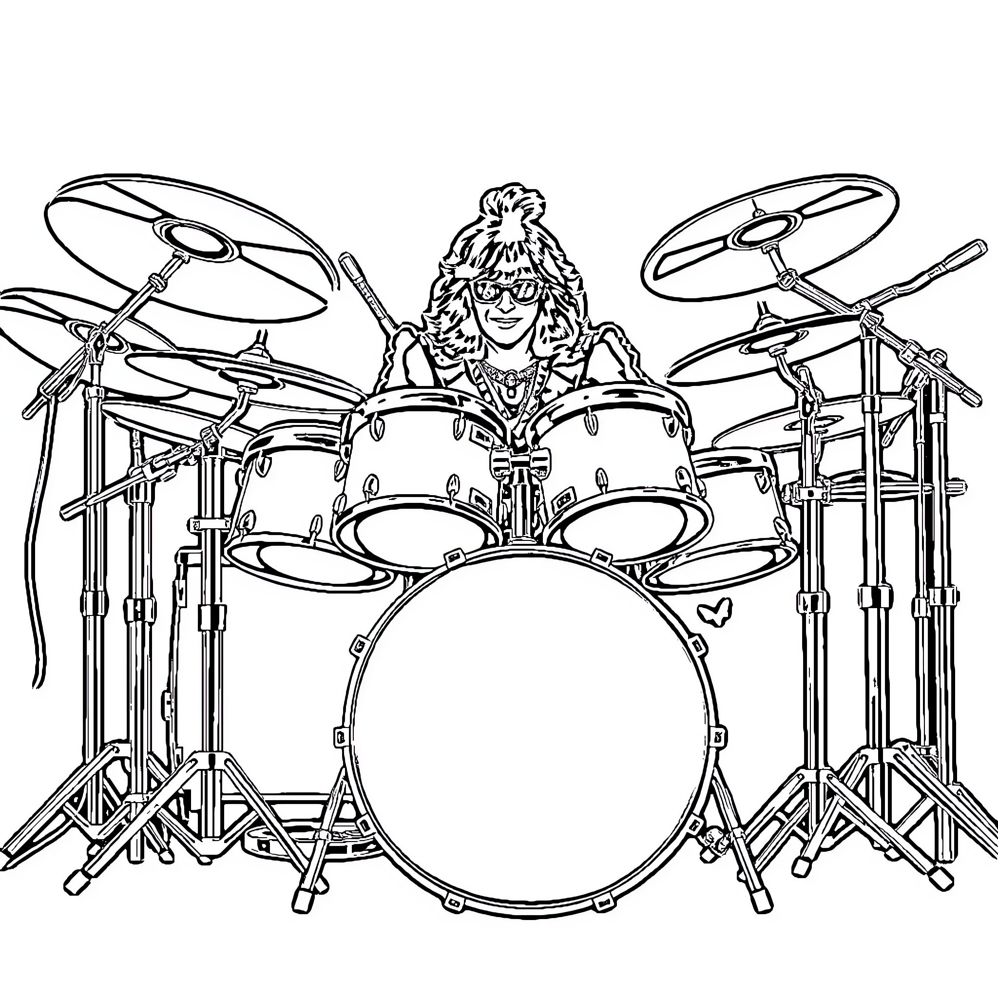 Peter Criss drumming passionately on an elaborate drum set Coloring Page (free black-and-white line drawing printable PDF for all, from beginners to advanced learners, including children, teens, adults, and seniors)