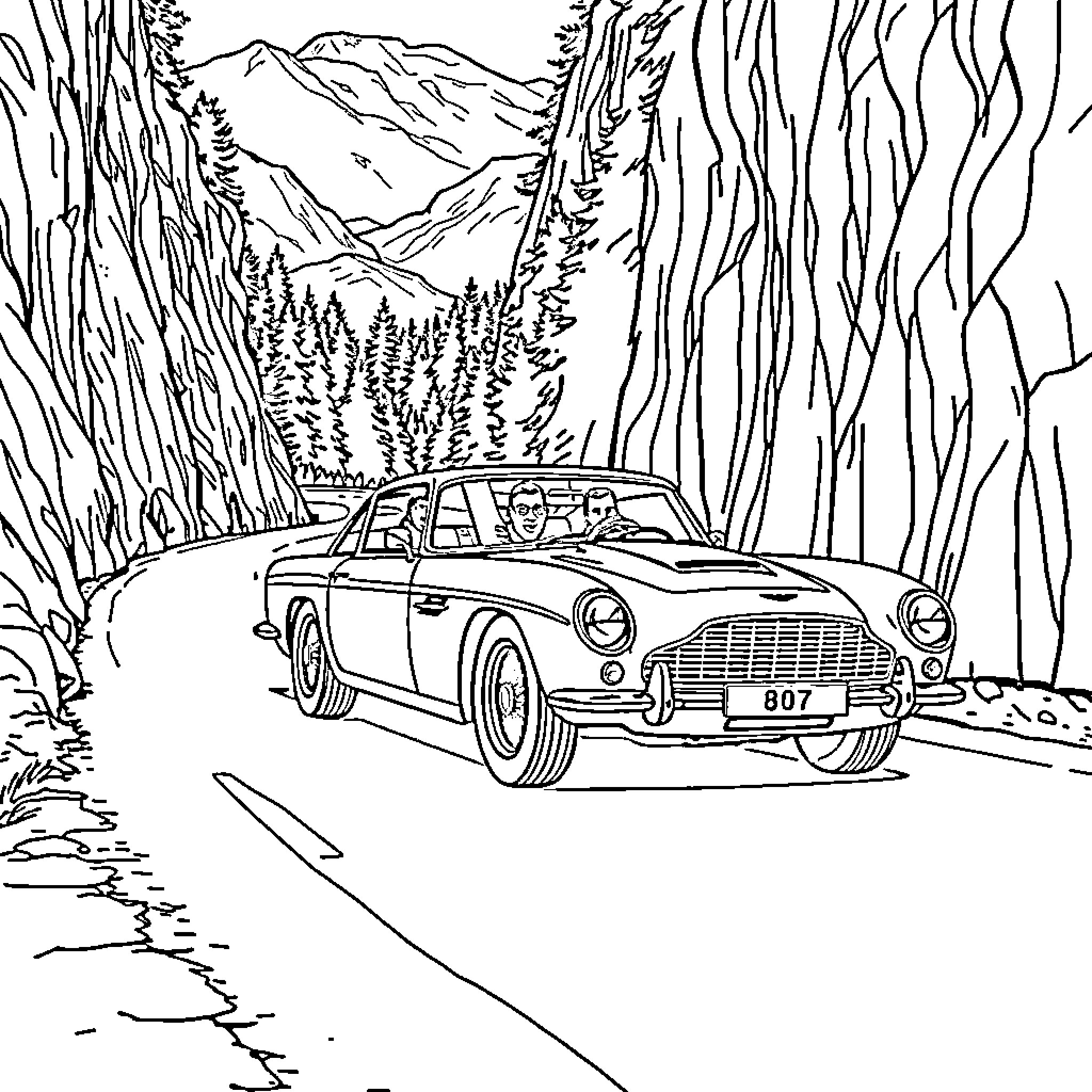 Aston Martin sports car on a mountain road Coloring Page (free black-and-white line drawing printable PDF for all, from beginners to advanced learners, including children, teens, adults, and seniors)