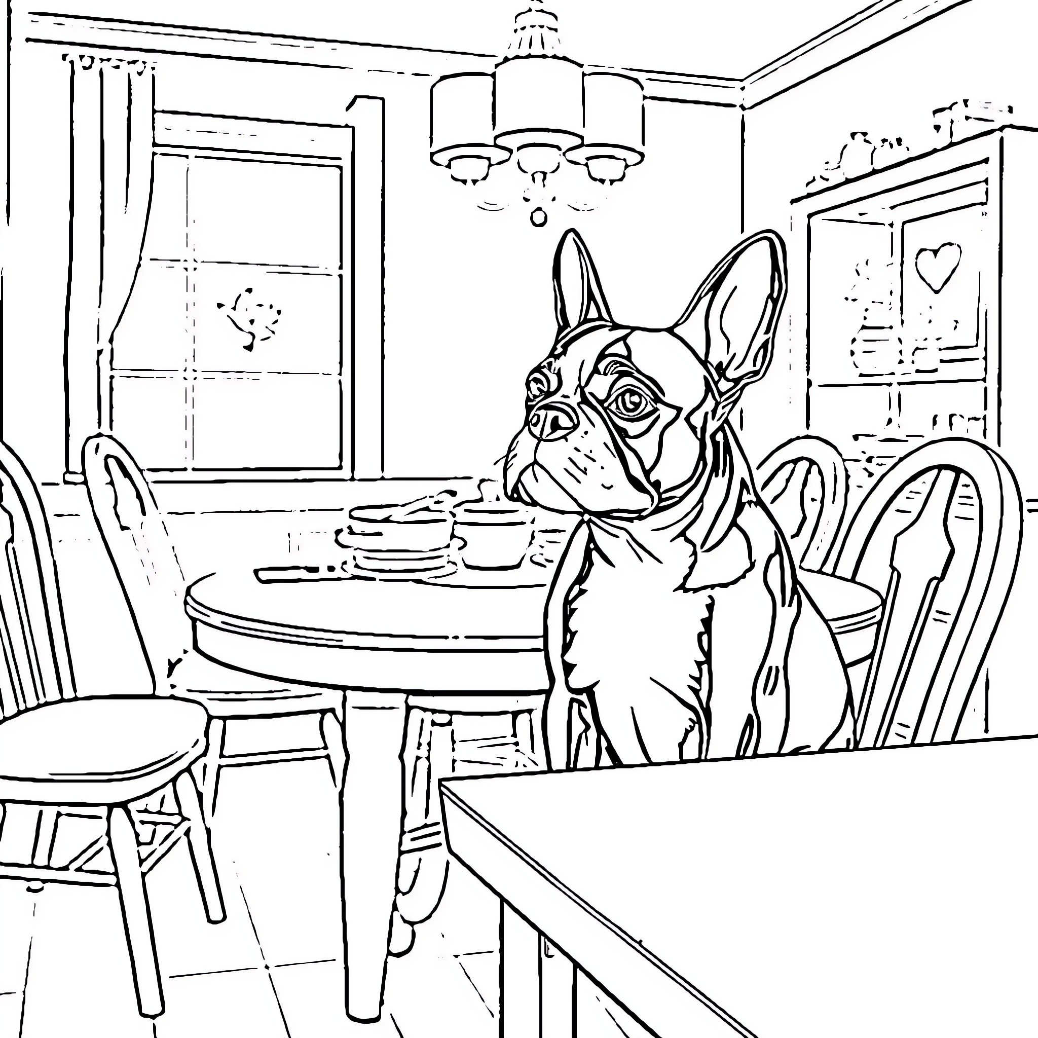 Boston Terrier sitting in a cozy dining room Coloring Page (free black-and-white line drawing printable PDF for all, from beginners to advanced learners, including children, teens, adults, and seniors)
