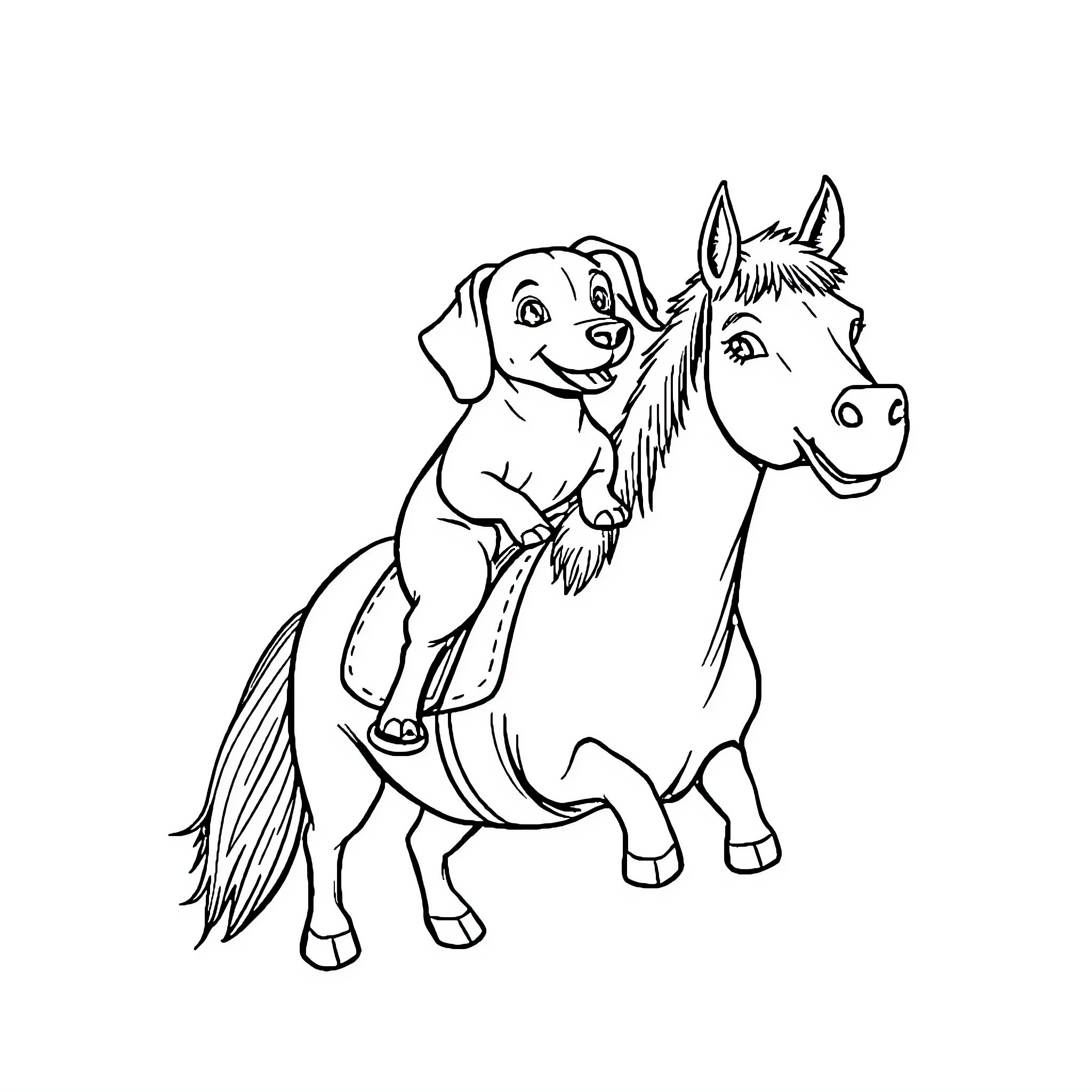 Dachshund riding happily on a horse Coloring Page (free black-and-white line drawing printable PDF for all, from beginners to advanced learners, including children, teens, adults, and seniors)
