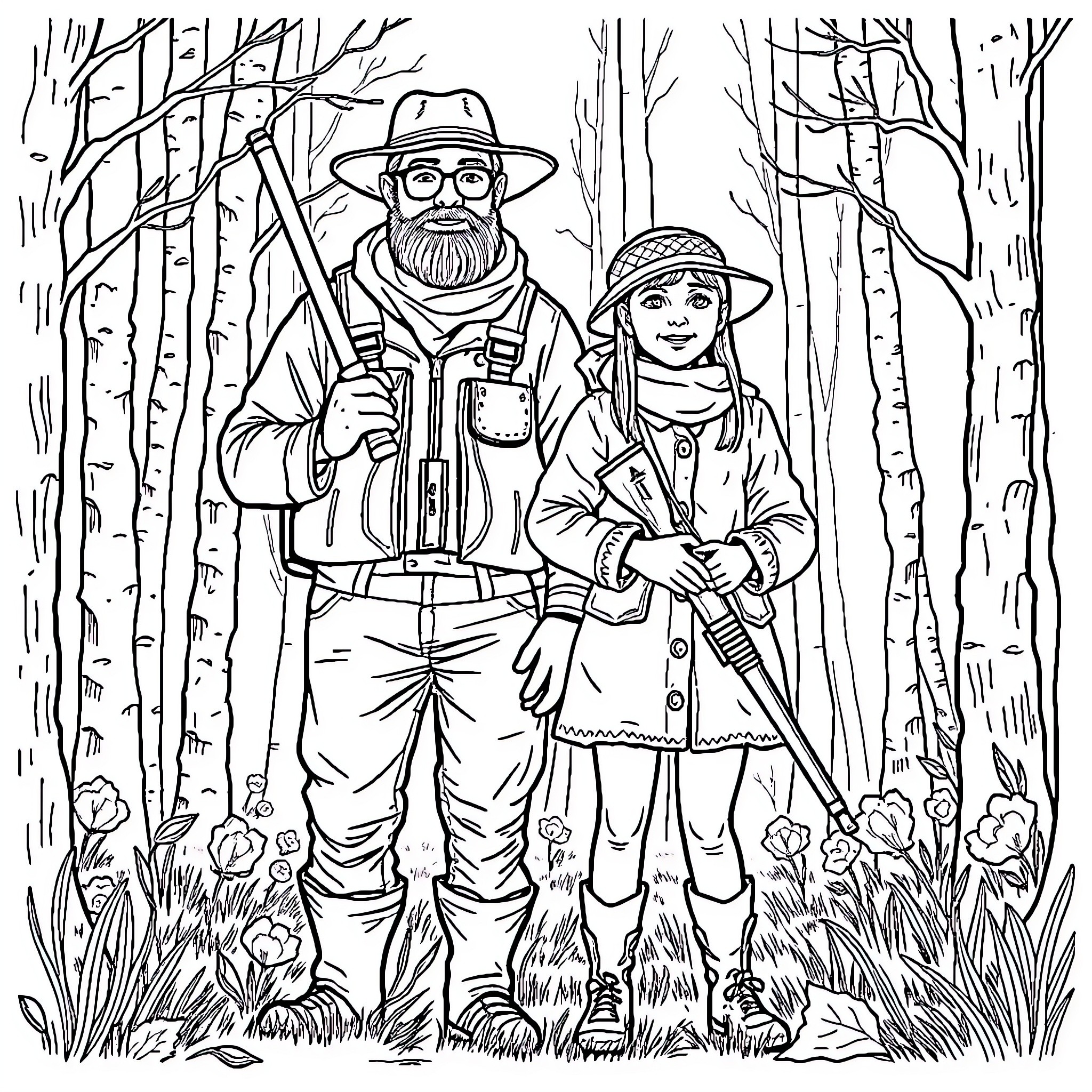 Hunter and companion exploring the forest Coloring Page (free black-and-white line drawing printable PDF for all, from beginners to advanced learners, including children, teens, adults, and seniors)