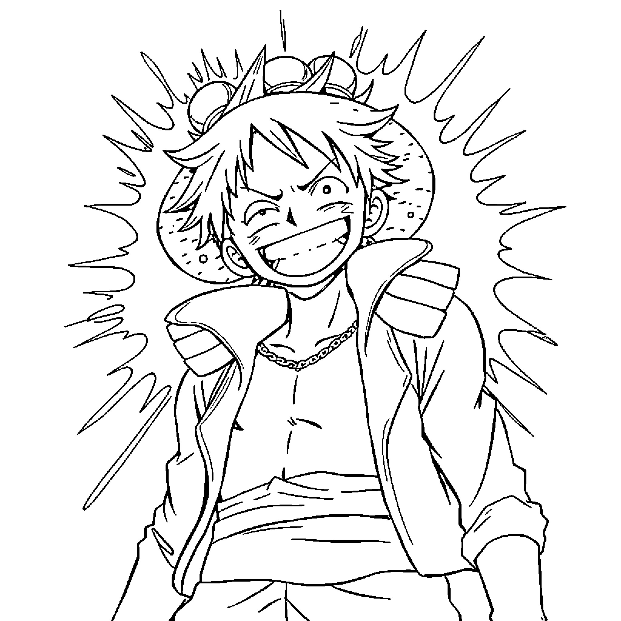 Luffy's Energetic Adventure Coloring Page (free black-and-white line drawing printable PDF for all, from beginners to advanced learners, including children, teens, adults, and seniors)