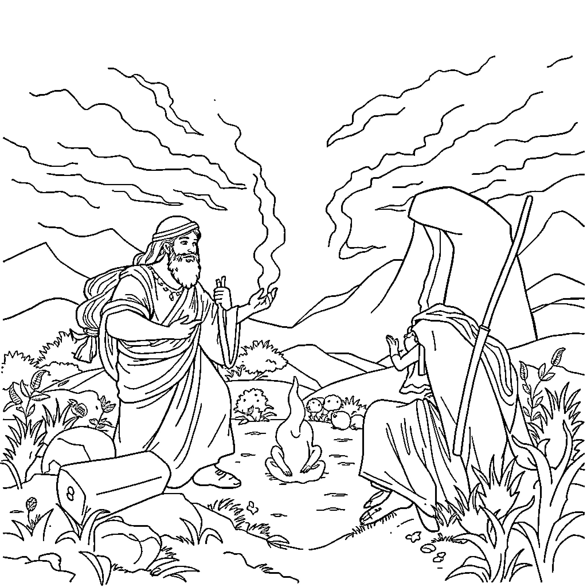 Biblical Story of Moses and the Burning Bush Coloring Page (free black-and-white line drawing printable PDF for all, from beginners to advanced learners, including children, teens, adults, and seniors)