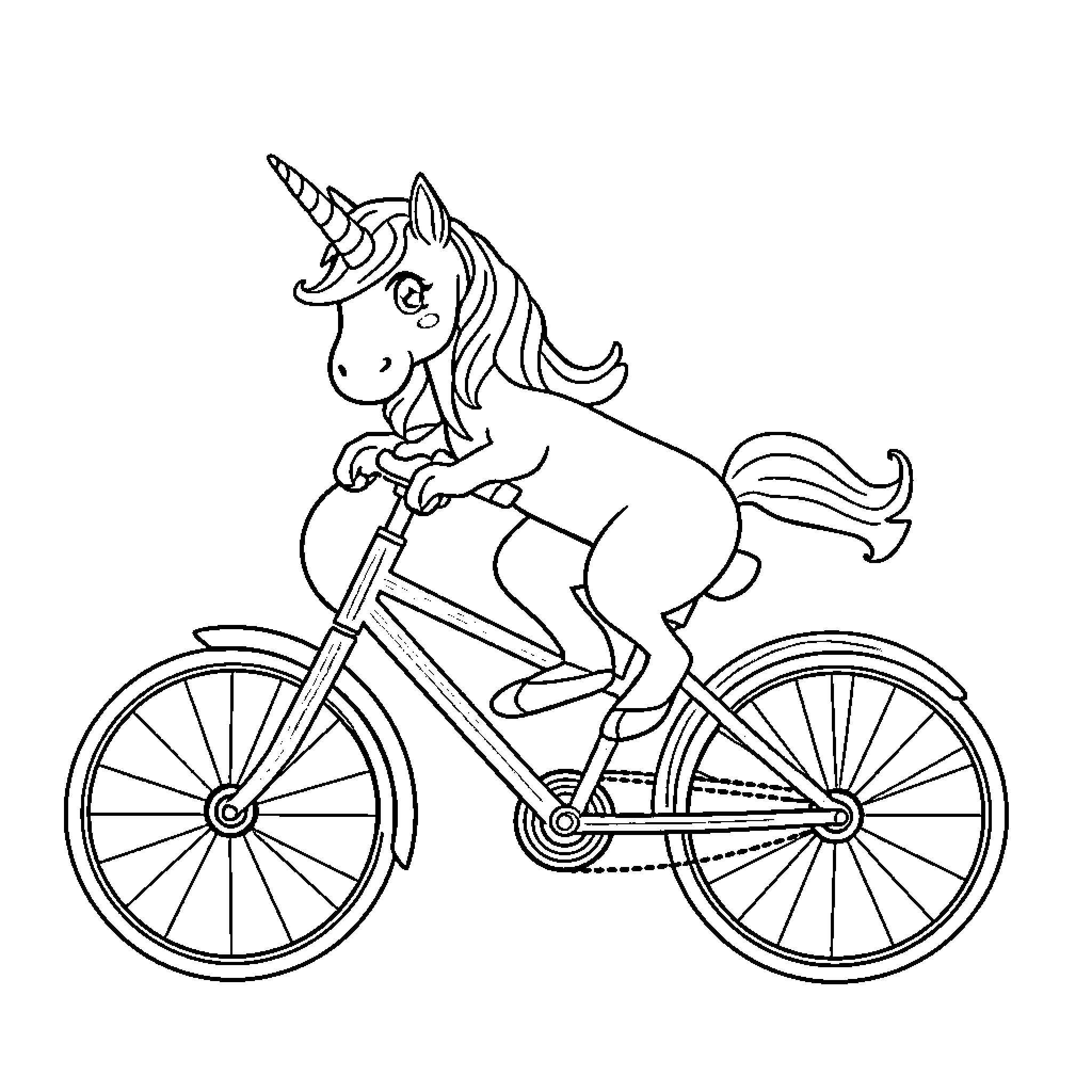 Unicorn riding a bicycle happily Coloring Page (free black-and-white line drawing printable PDF for all, from beginners to advanced learners, including children, teens, adults, and seniors)