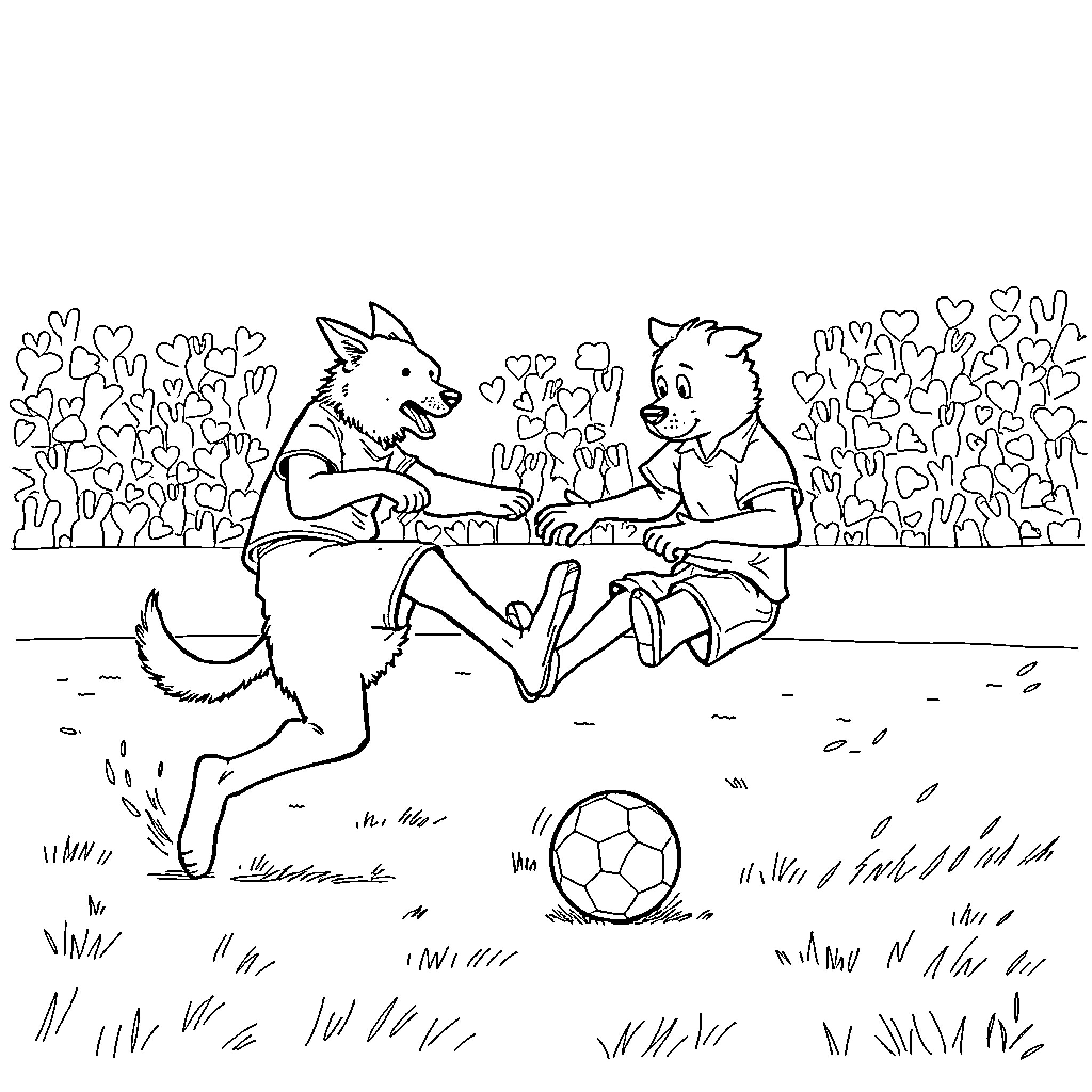 Dog friends playing together with a soccer ball Coloring Page (free black-and-white line drawing printable PDF for all, from beginners to advanced learners, including children, teens, adults, and seniors)