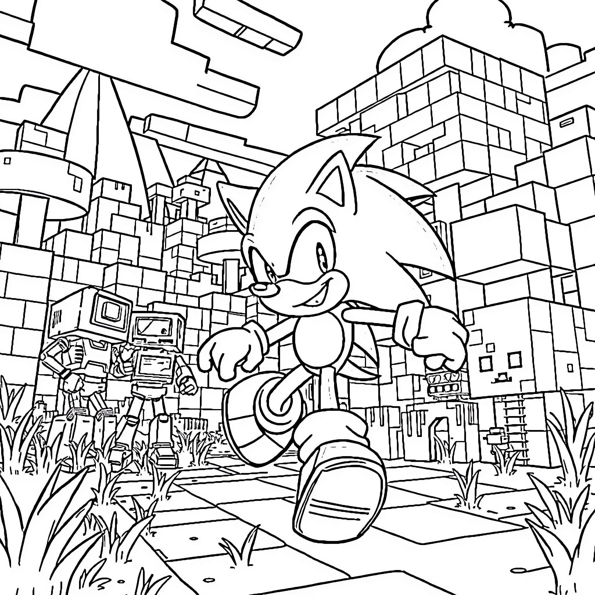 Sonic exploring a fantastical urban cityscape Coloring Page (free black-and-white line drawing printable PDF for all, from beginners to advanced learners, including children, teens, adults, and seniors)