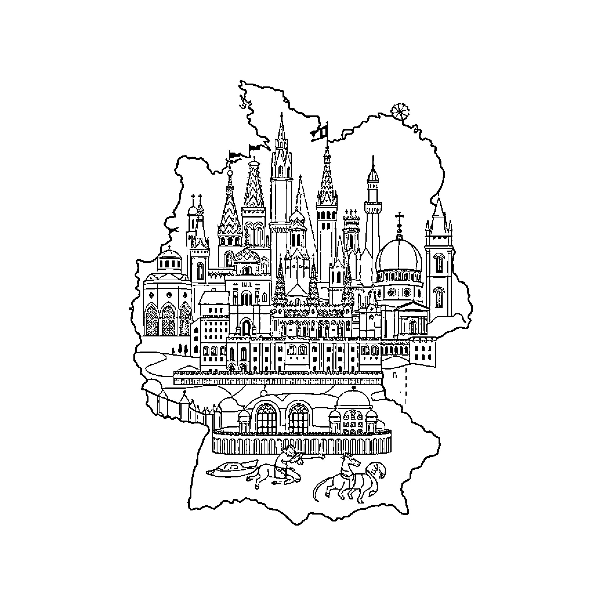 Germany's Iconic Architectural Landmarks Coloring Page (free black-and-white line drawing printable PDF for all, from beginners to advanced learners, including children, teens, adults, and seniors)