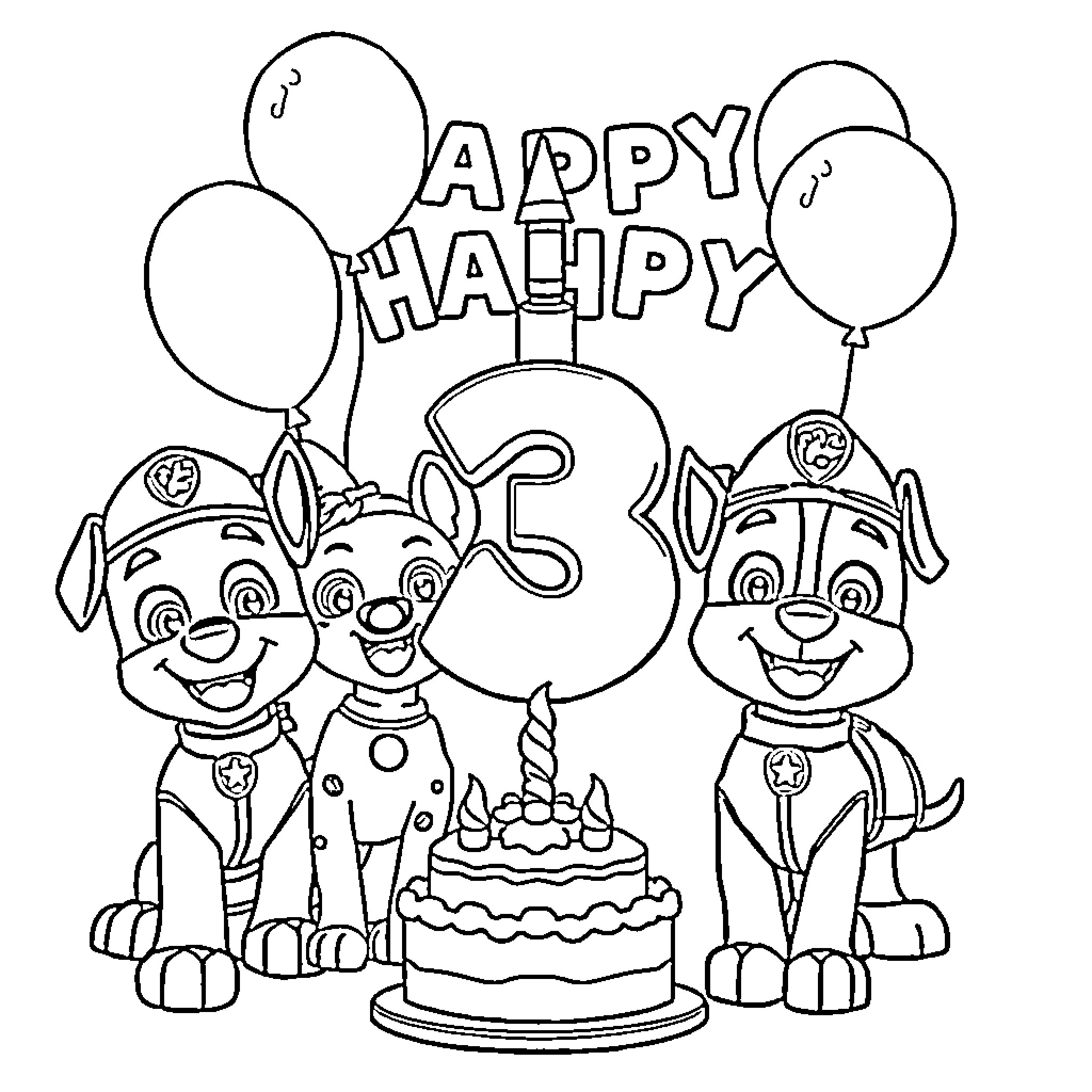 Paw Patrol celebrating happy birthday with cake and balloons Coloring Page (free black-and-white line drawing printable PDF for all, from beginners to advanced learners, including children, teens, adults, and seniors)