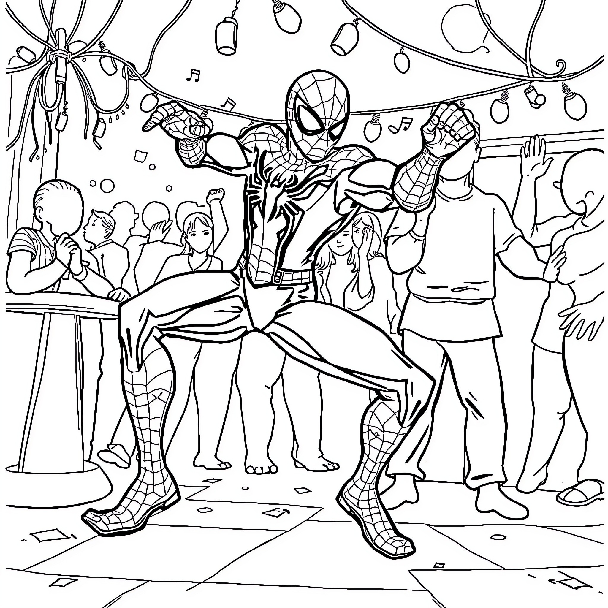 Spider-Man swinging and posing with friends at a party Coloring Page (free black-and-white line drawing printable PDF for all, from beginners to advanced learners, including children, teens, adults, and seniors)