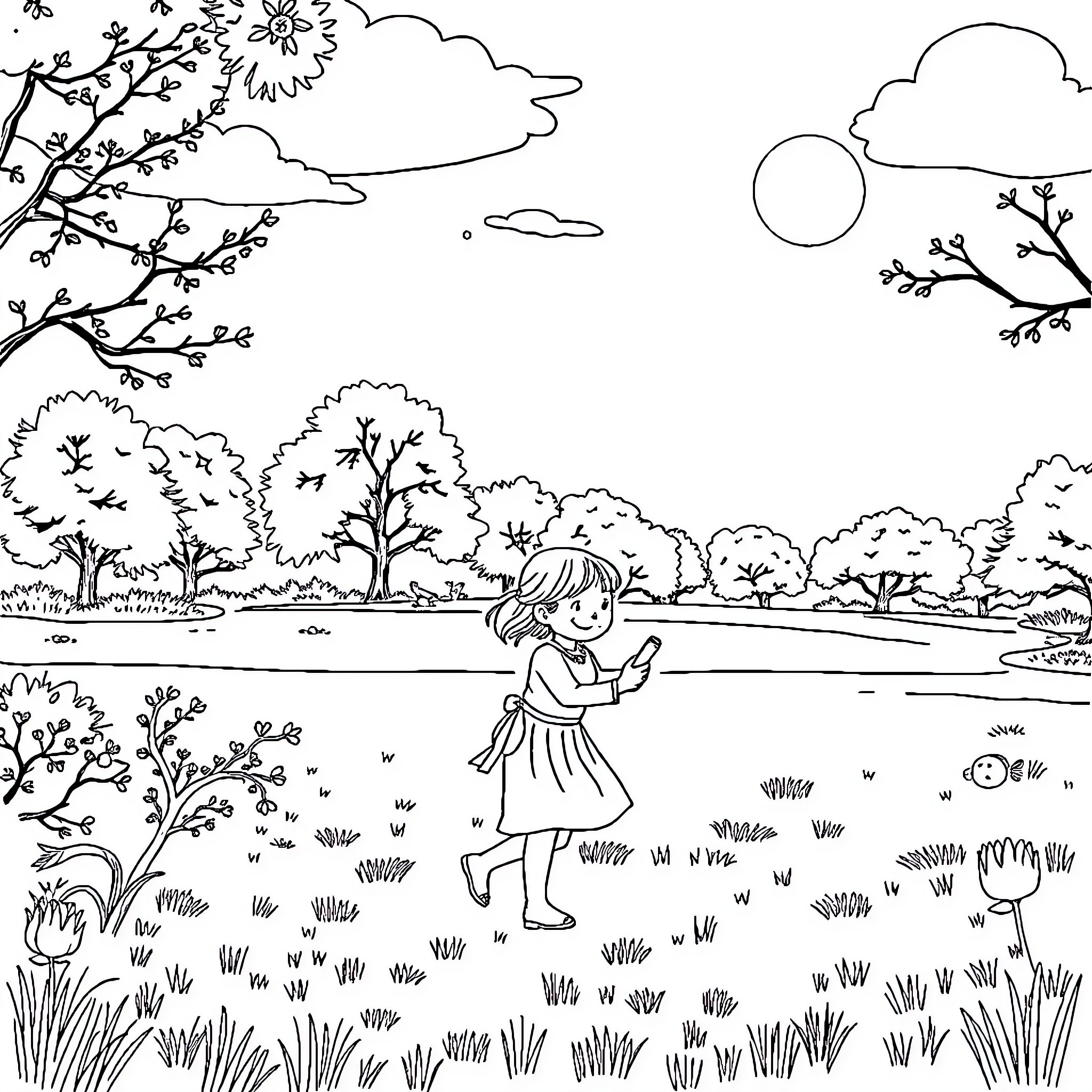 Mom enjoying nature's beauty in the park Coloring Page (free black-and-white line drawing printable PDF for all, from beginners to advanced learners, including children, teens, adults, and seniors)