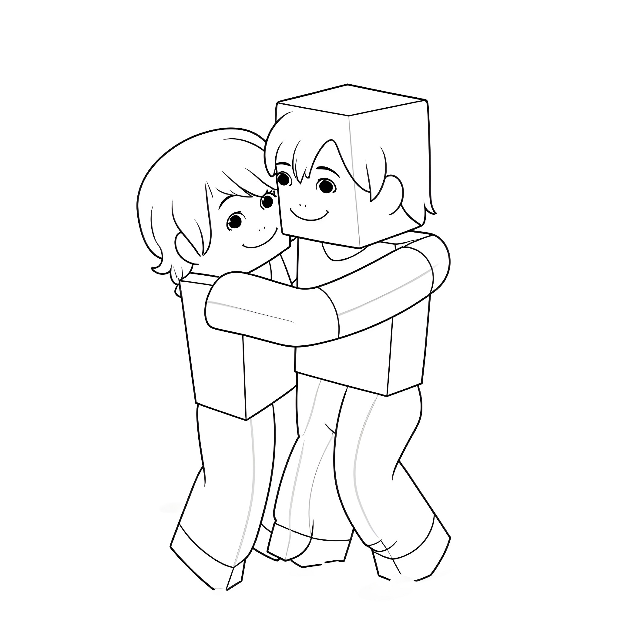 Minecraft Character hugging another Minecraft Character Coloring Page (free black-and-white line drawing printable PDF for all, from beginners to advanced learners, including children, teens, adults, and seniors)