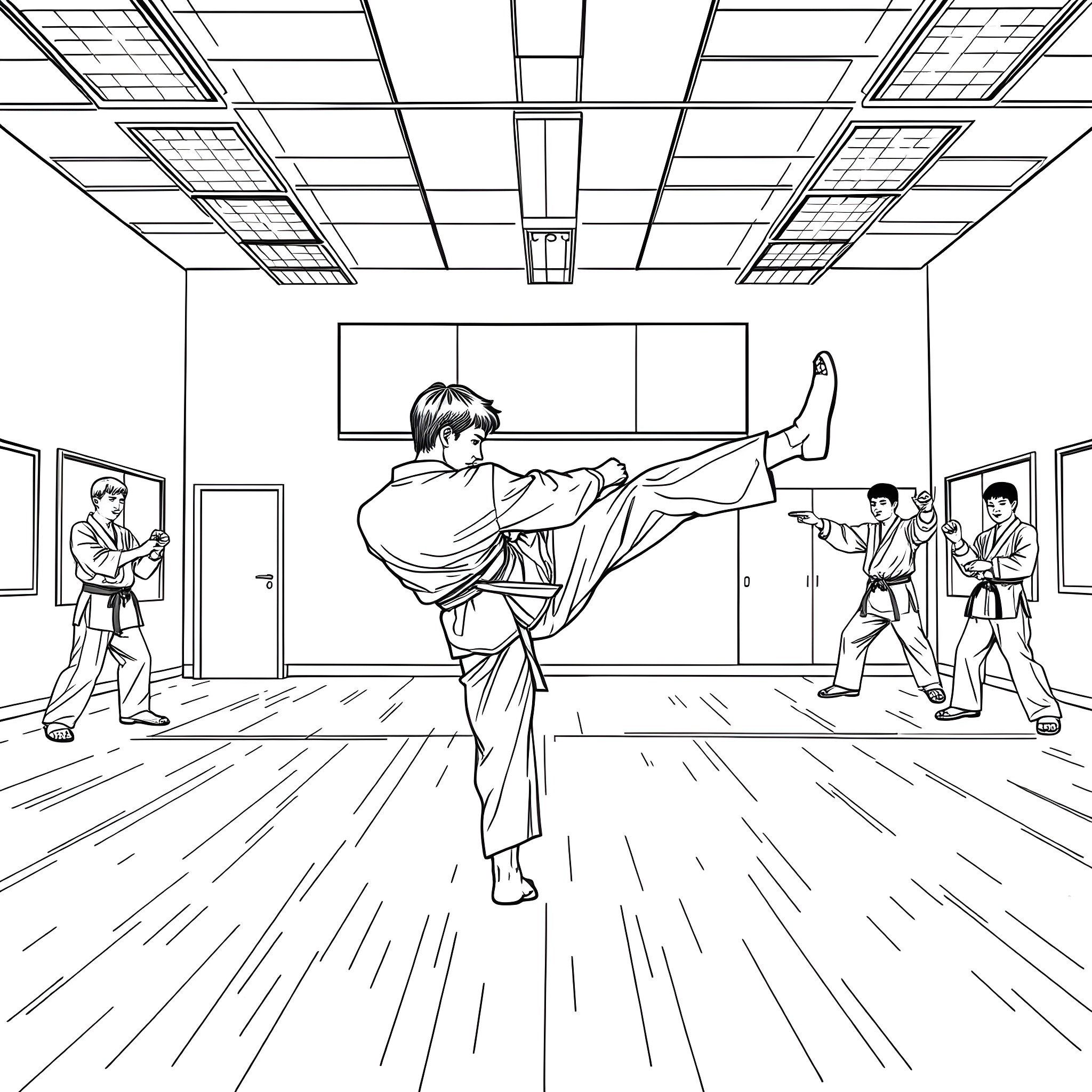Taekwondo martial arts training in the dojo Coloring Page (free black-and-white line drawing printable PDF for all, from beginners to advanced learners, including children, teens, adults, and seniors)