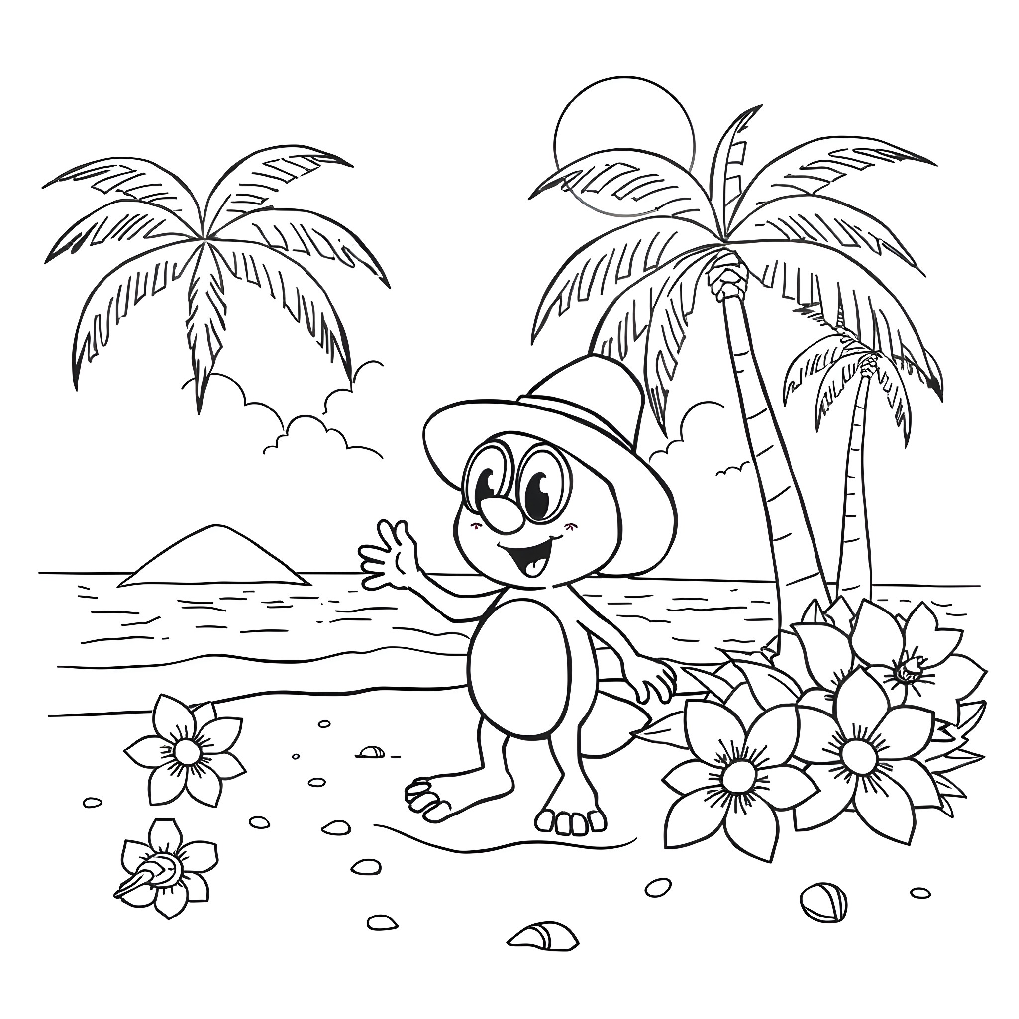 Skello's Tropical Adventure Coloring Page (free black-and-white line drawing printable PDF for all, from beginners to advanced learners, including children, teens, adults, and seniors)