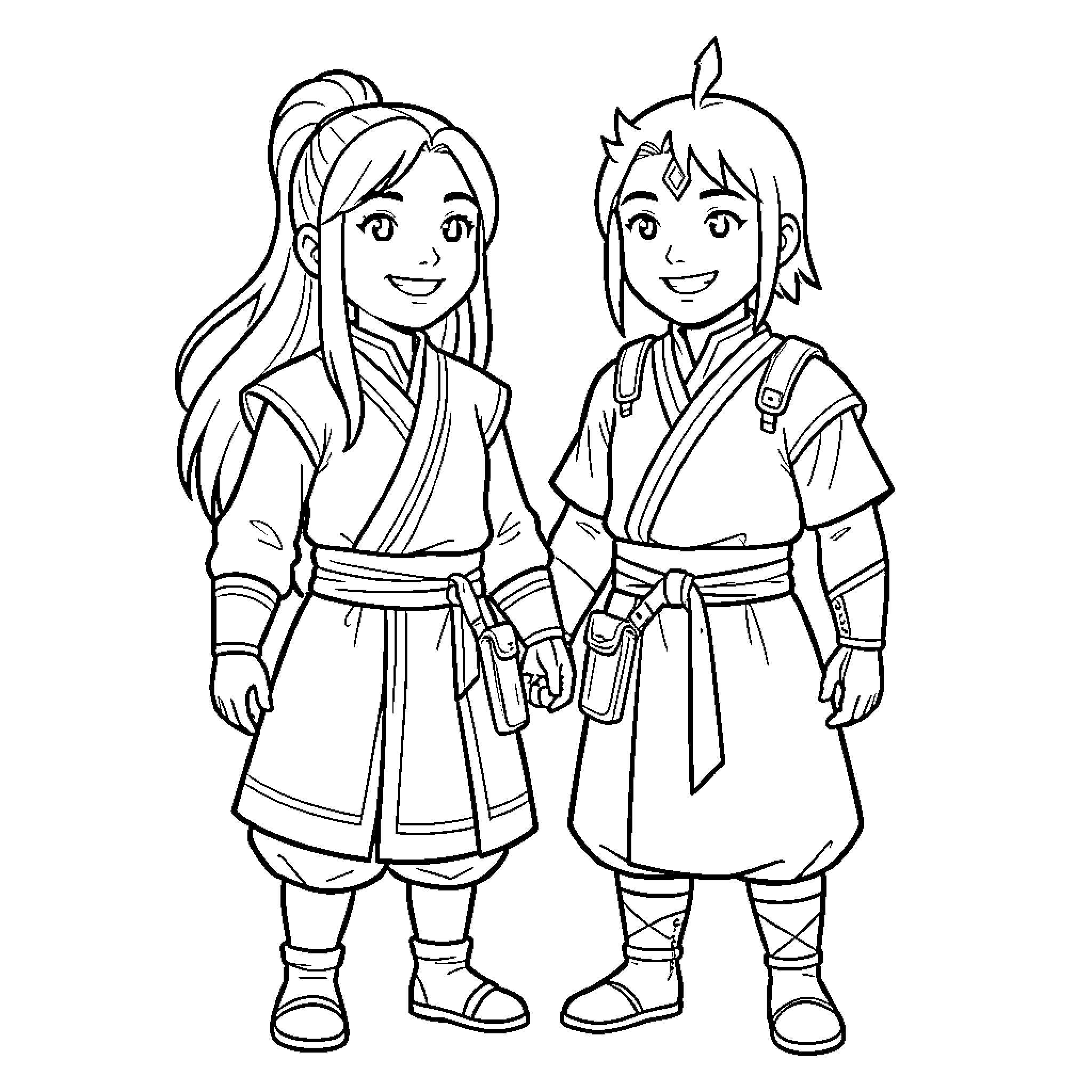 Katara and Aang standing together smiling happily Coloring Page (free black-and-white line drawing printable PDF for all, from beginners to advanced learners, including children, teens, adults, and seniors)