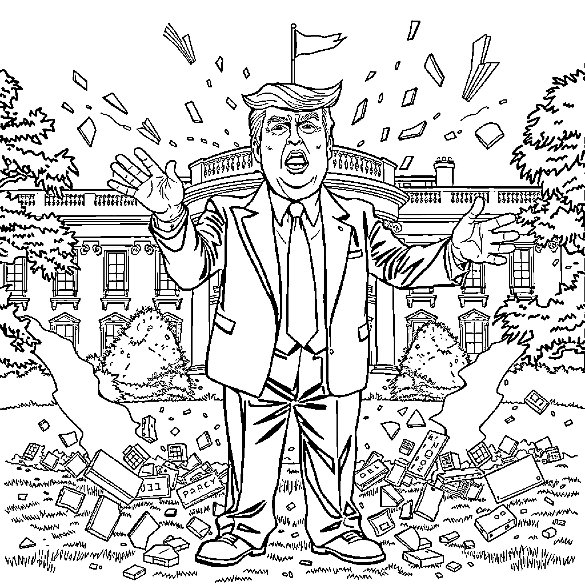 Donald Trump Surrounded by Chaos and Clutter Coloring Page (free black-and-white line drawing printable PDF for all, from beginners to advanced learners, including children, teens, adults, and seniors)