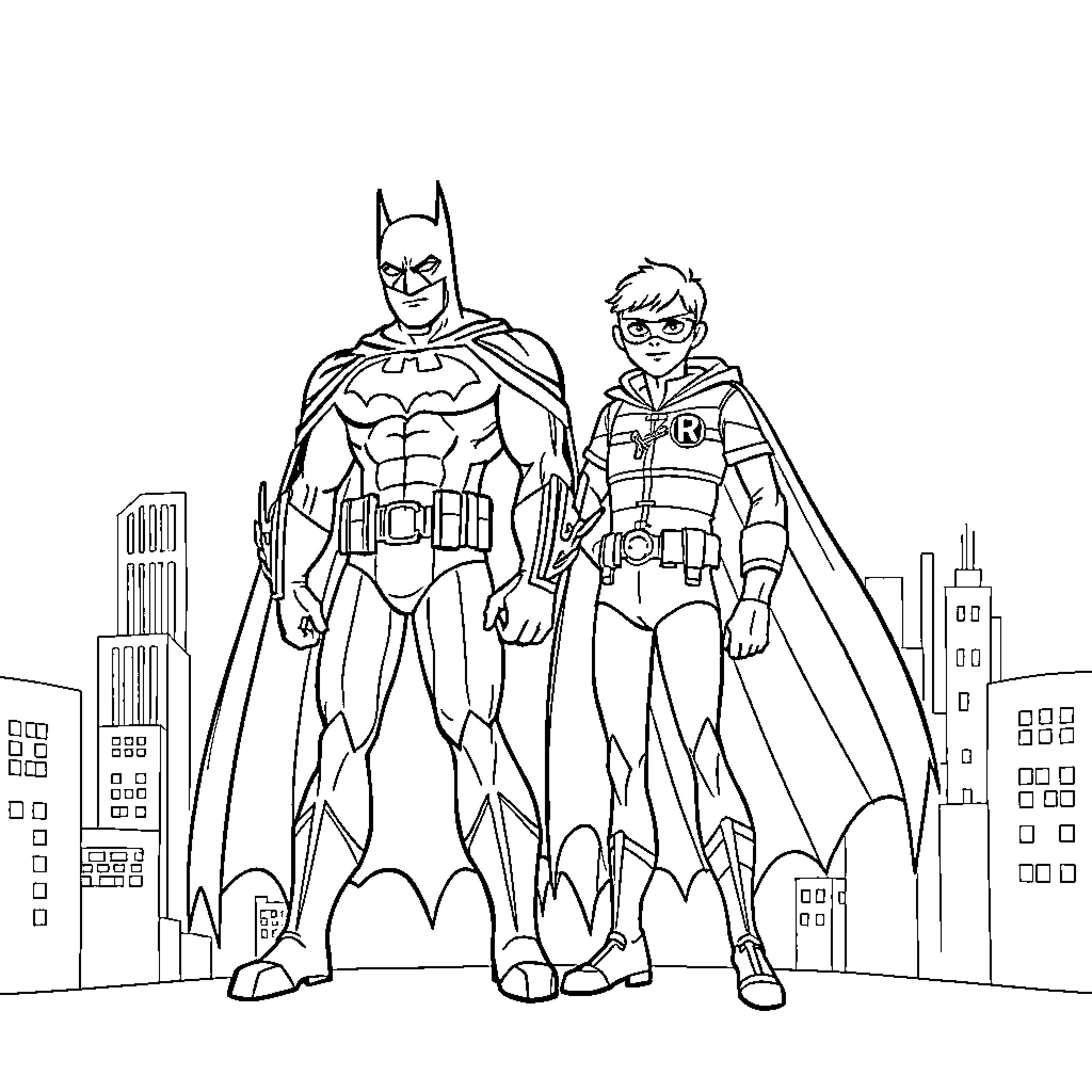 Batman and Robin in heroic action against cityscape Coloring Page (free black-and-white line drawing printable PDF for all, from beginners to advanced learners, including children, teens, adults, and seniors)