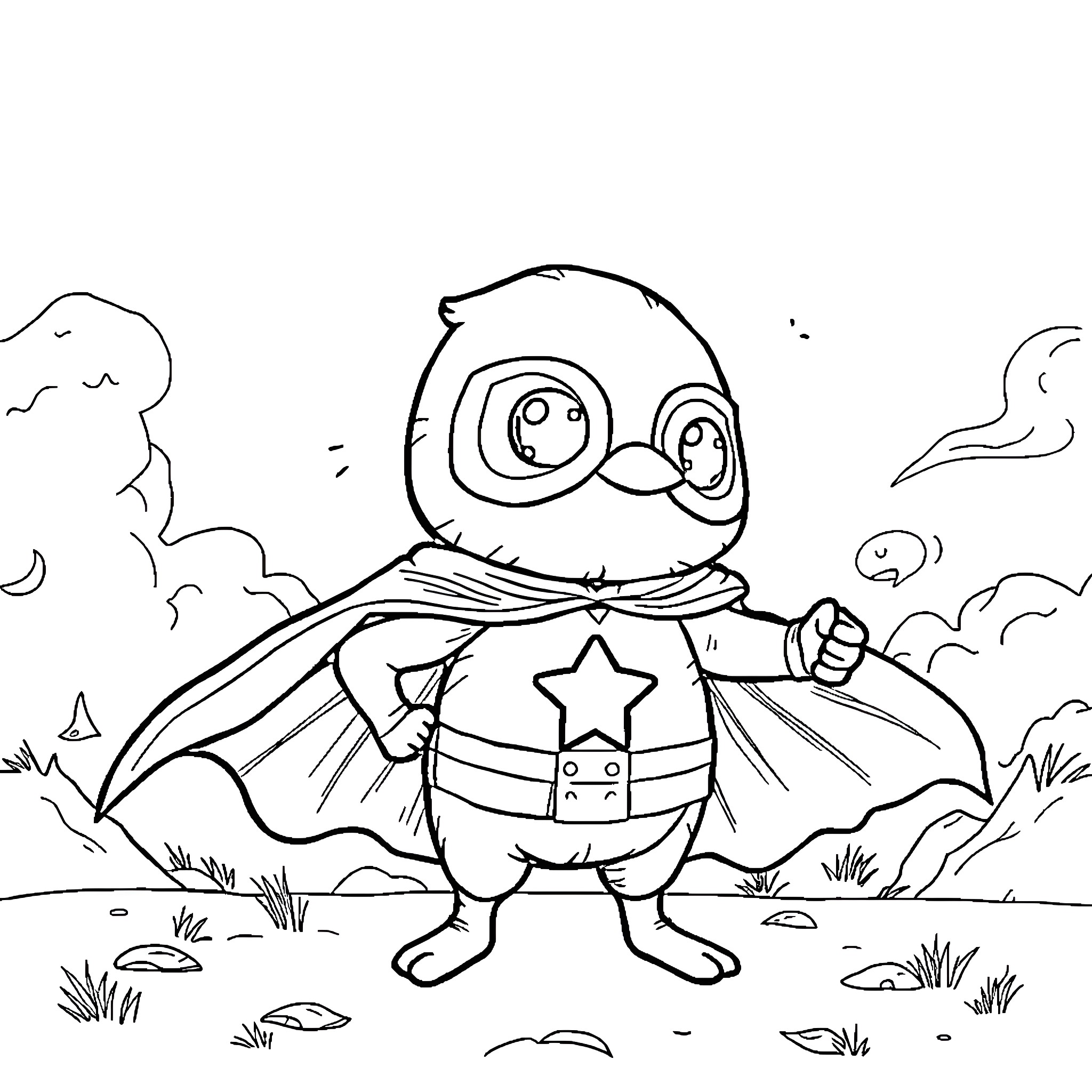 Superhero Owl Takes to the Skies Coloring Page (free black-and-white line drawing printable PDF for all, from beginners to advanced learners, including children, teens, adults, and seniors)