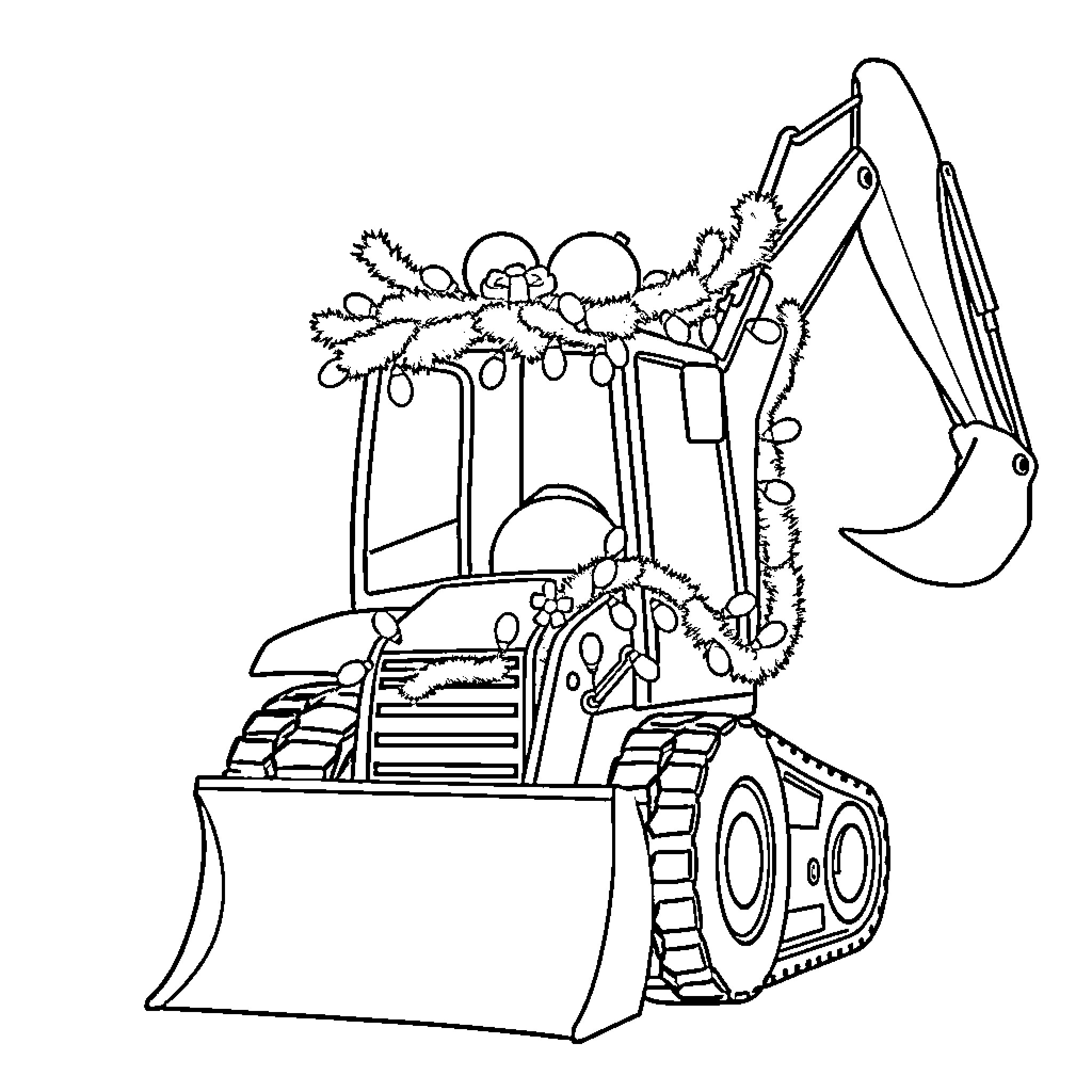 Christmas Excavator Decorated with Festive Ornaments Coloring Page (free black-and-white line drawing printable PDF for all, from beginners to advanced learners, including children, teens, adults, and seniors)