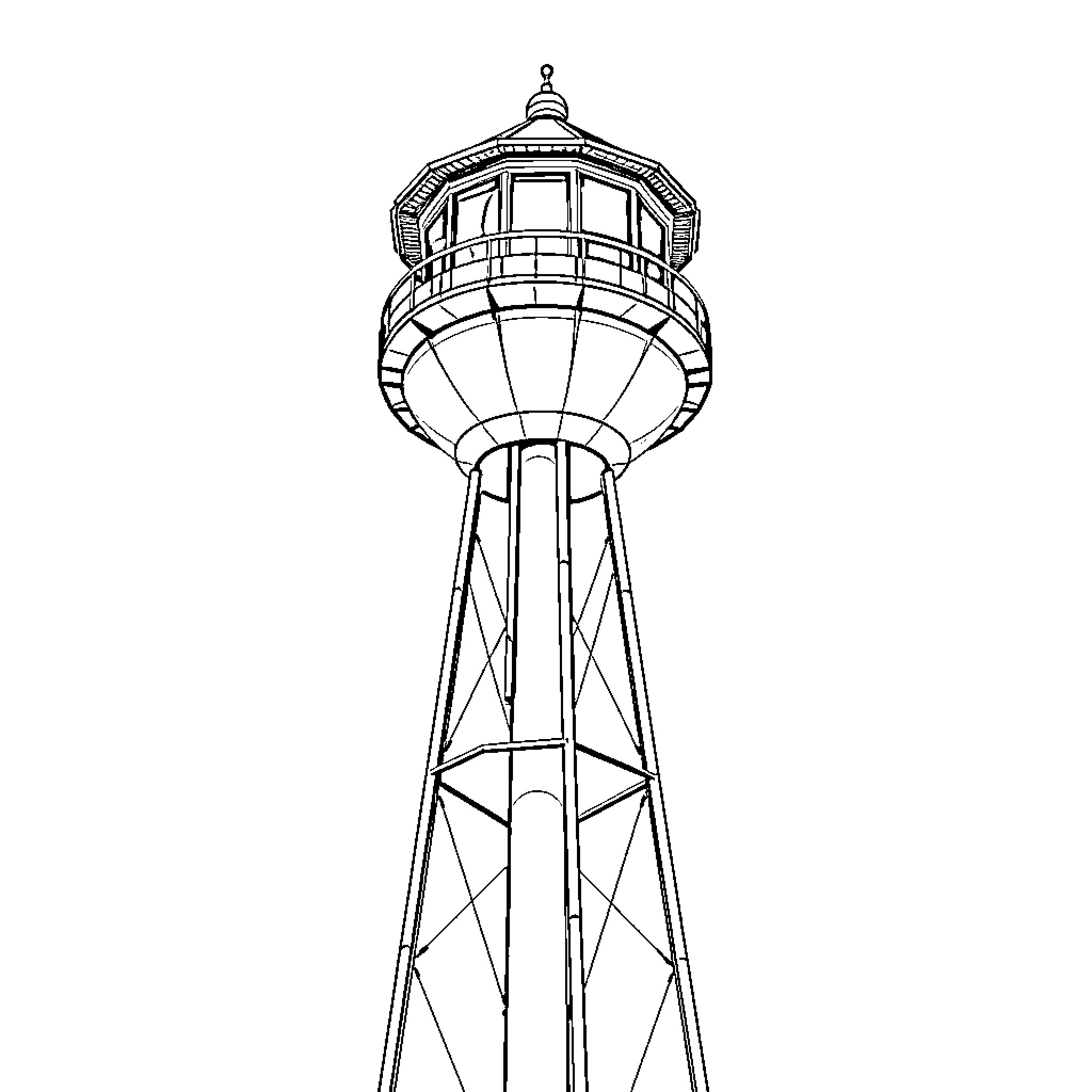 Watertower with unique architectural design Coloring Page (free black-and-white line drawing printable PDF for all, from beginners to advanced learners, including children, teens, adults, and seniors)