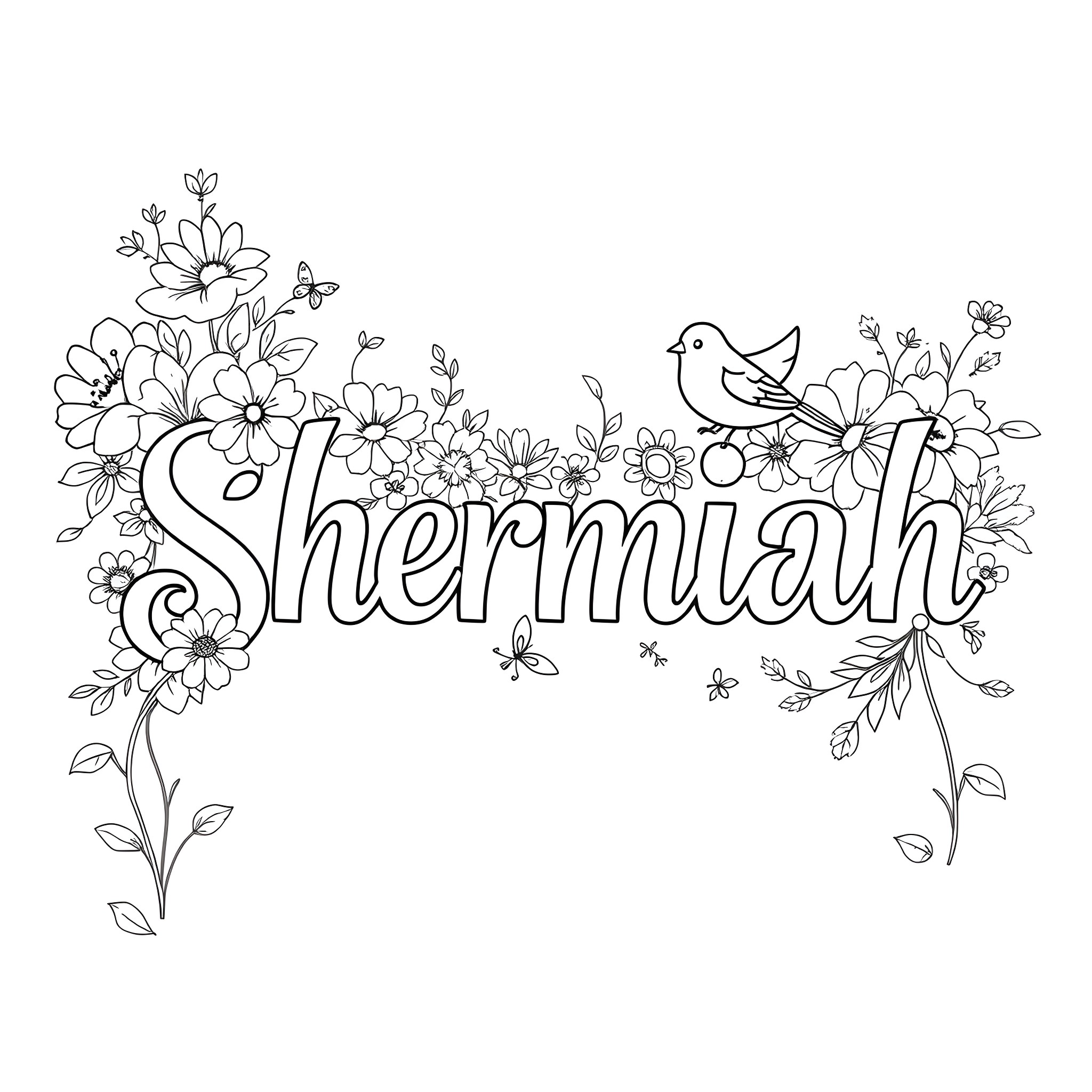 Shermiah's floral and bird illustration Coloring Page (free black-and-white line drawing printable PDF for all, from beginners to advanced learners, including children, teens, adults, and seniors)