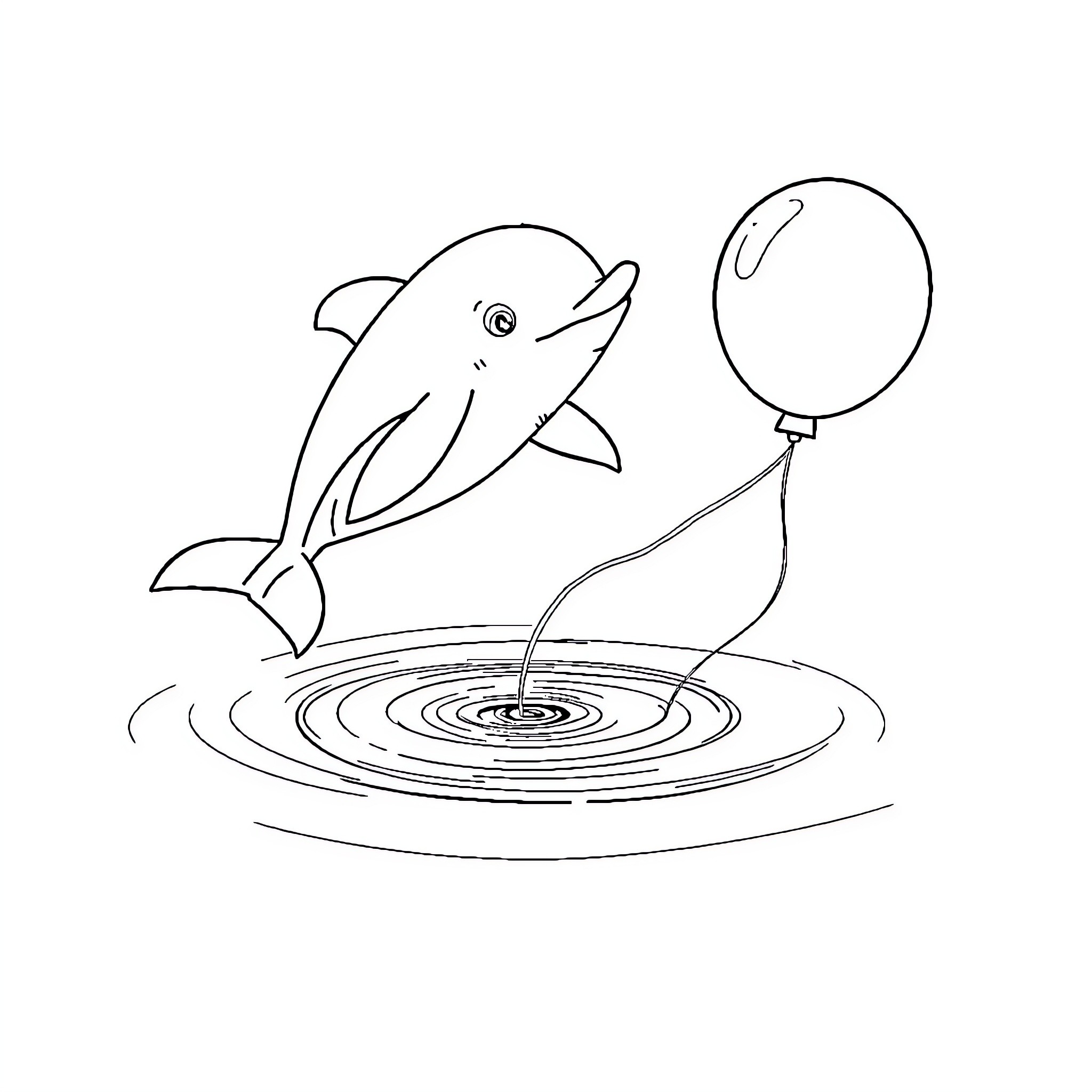 Dolphin playing with balloon in water Coloring Page (free black-and-white line drawing printable PDF for all, from beginners to advanced learners, including children, teens, adults, and seniors)