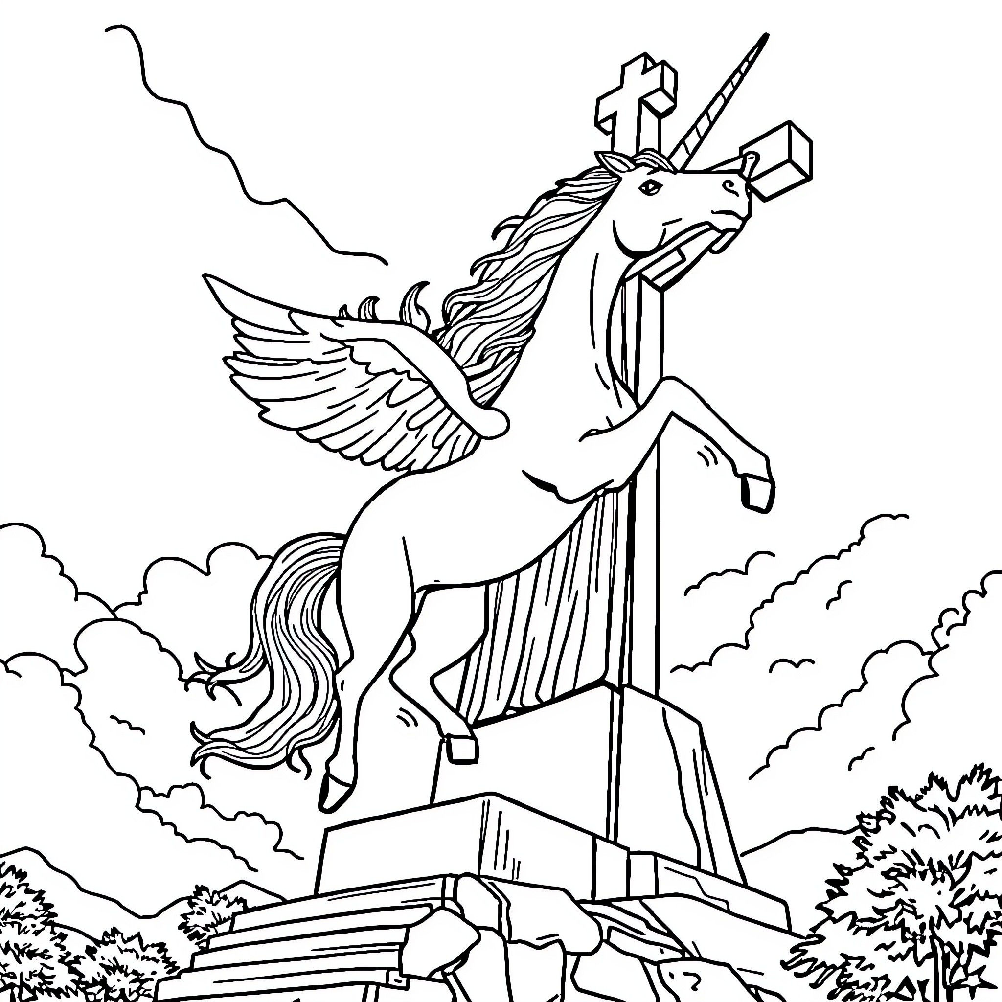 Unicorn soaring through the skies with wings Coloring Page (free black-and-white line drawing printable PDF for all, from beginners to advanced learners, including children, teens, adults, and seniors)