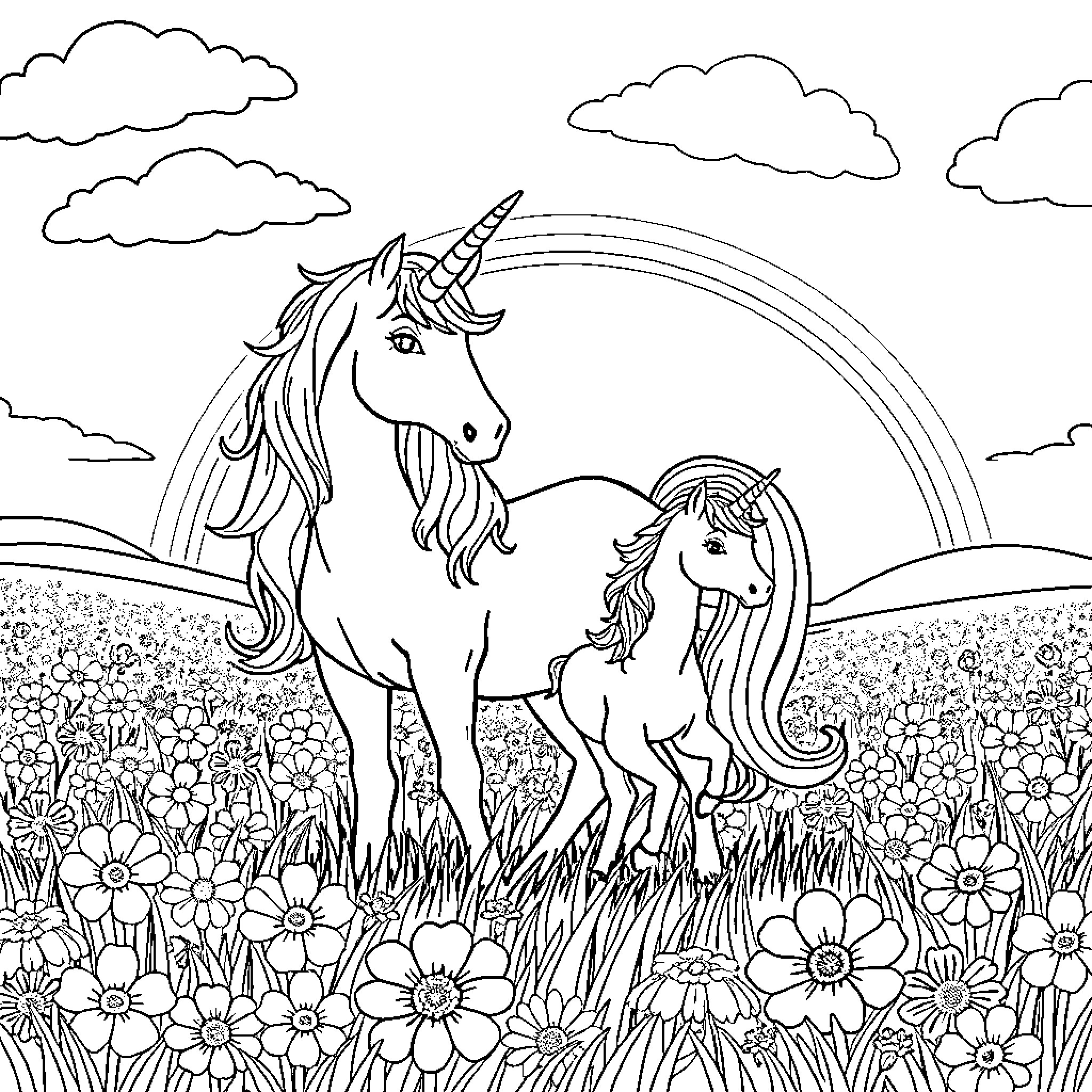 Unicorns playing in the enchanted meadow Coloring Page (free black-and-white line drawing printable PDF for all, from beginners to advanced learners, including children, teens, adults, and seniors)