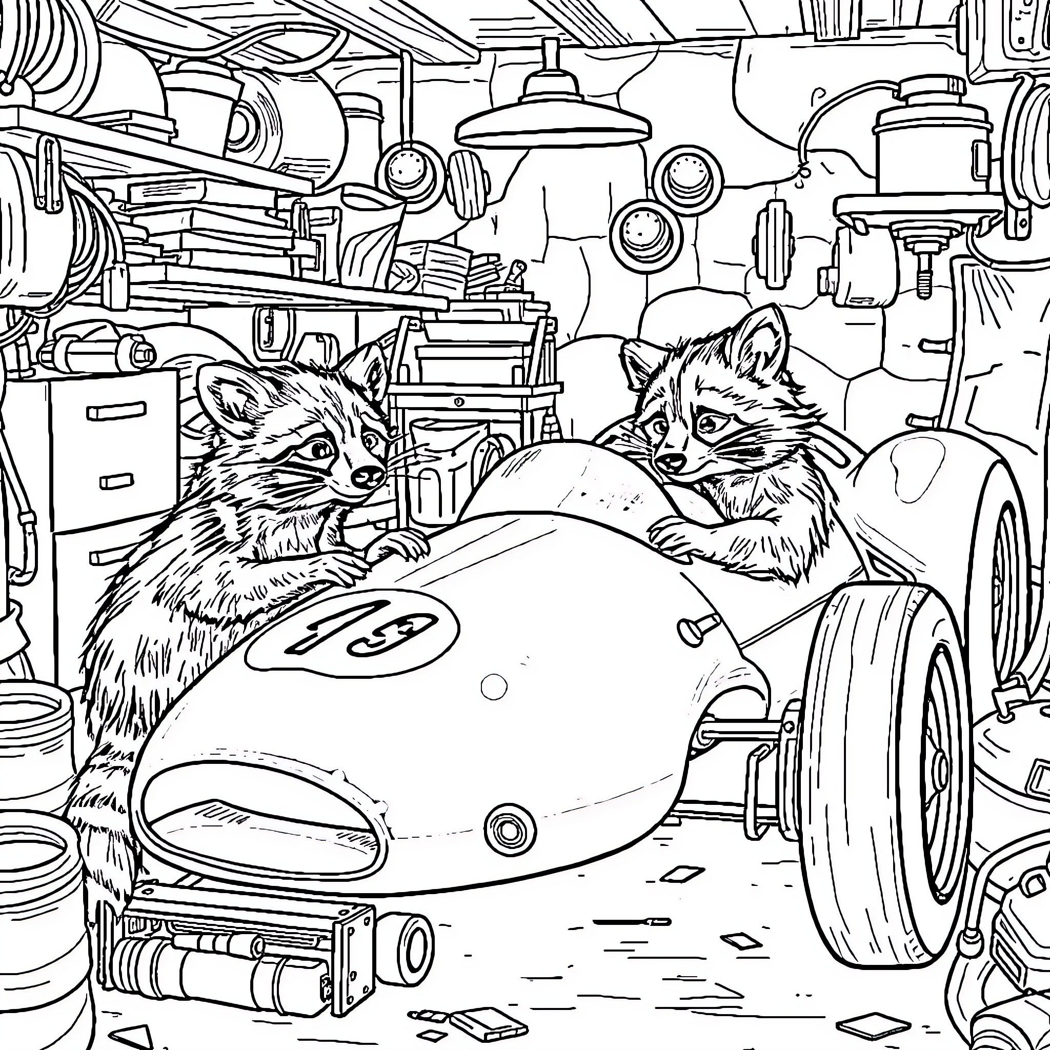 Raccoon mechanics working on a race car Coloring Page (free black-and-white line drawing printable PDF for all, from beginners to advanced learners, including children, teens, adults, and seniors)