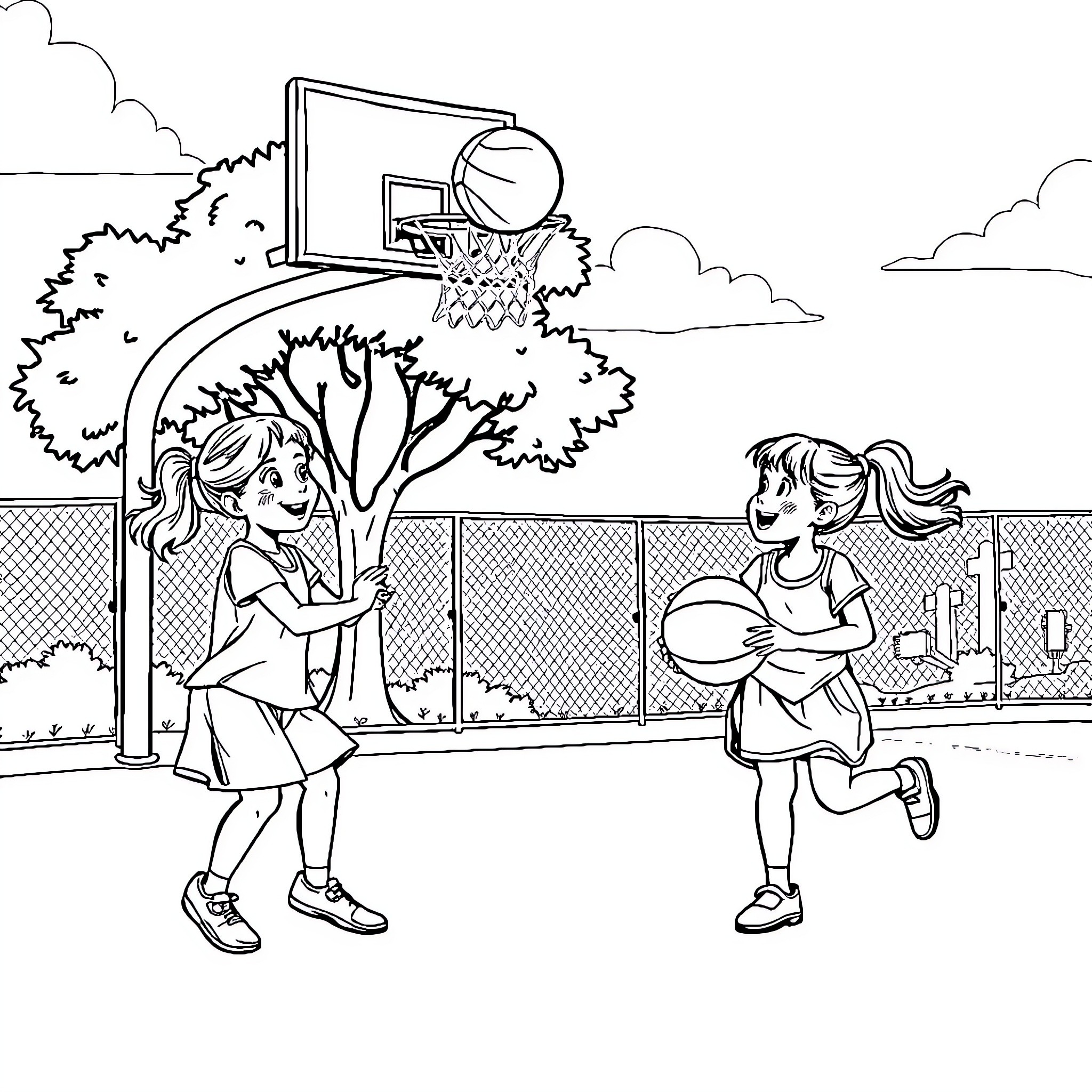 Girls playing basketball together on the court Coloring Page (free black-and-white line drawing printable PDF for all, from beginners to advanced learners, including children, teens, adults, and seniors)