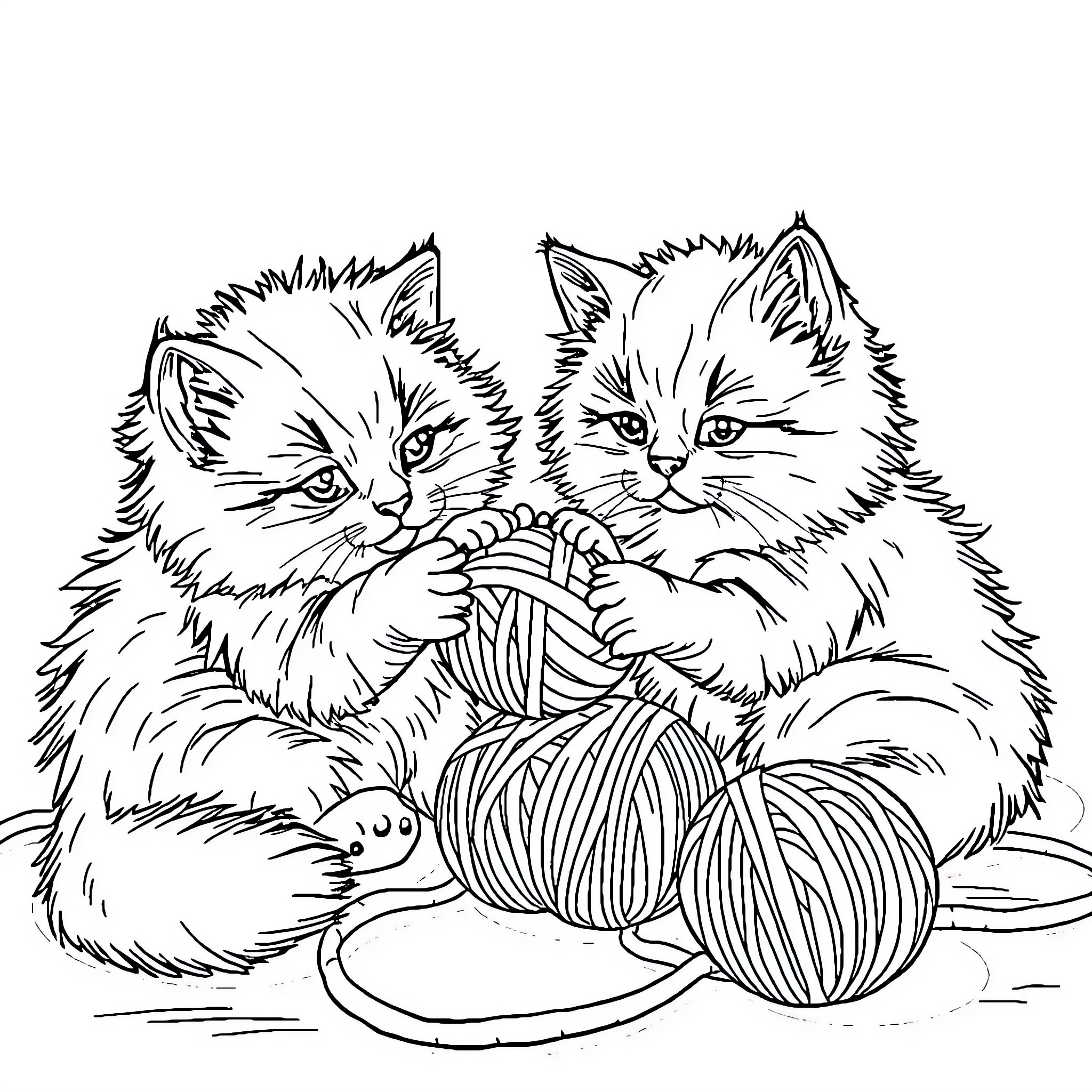 Cat kittens playing with yarn Coloring Page (free black-and-white line drawing printable PDF for all, from beginners to advanced learners, including children, teens, adults, and seniors)