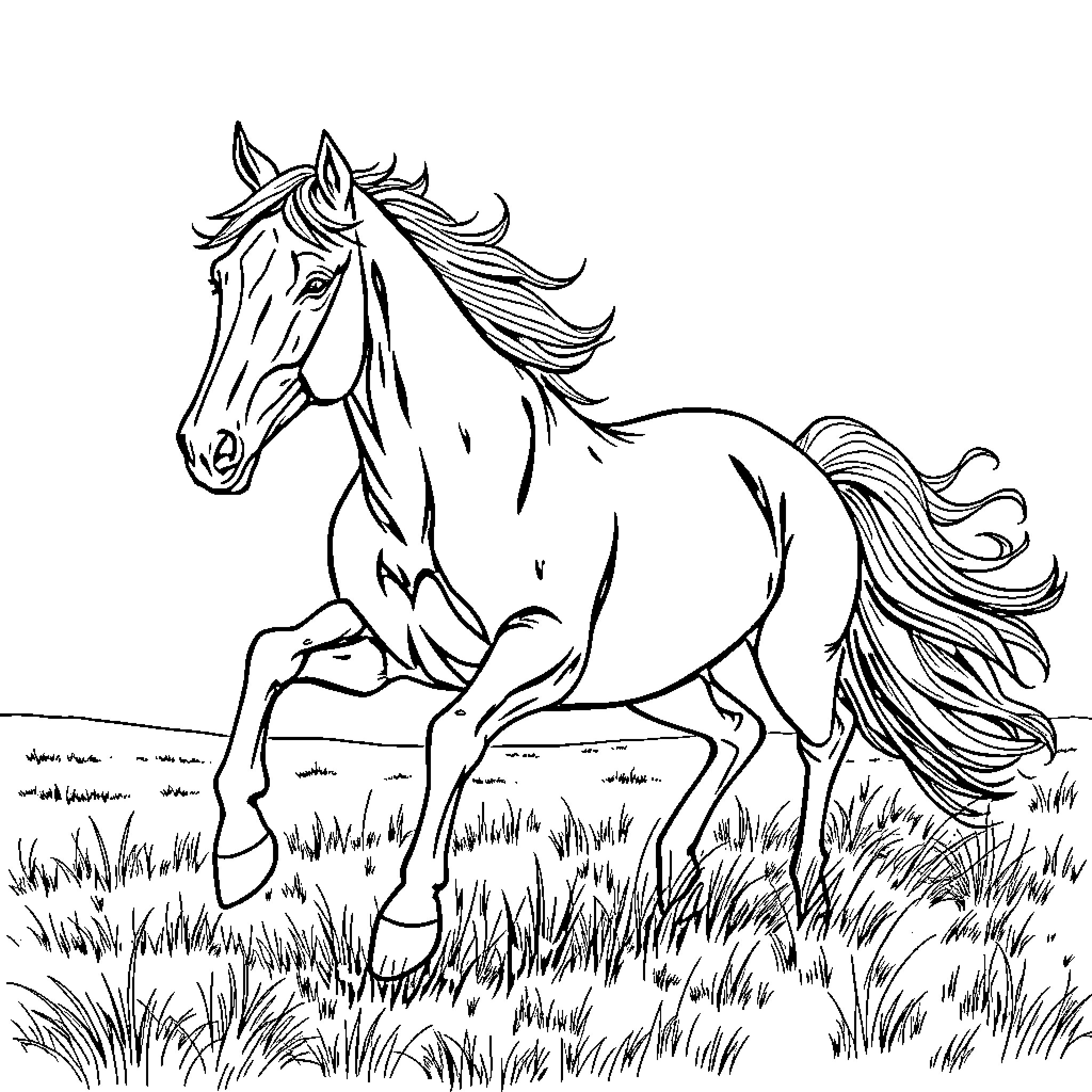 Horse galloping through the meadow Coloring Page (free black-and-white line drawing printable PDF for all, from beginners to advanced learners, including children, teens, adults, and seniors)