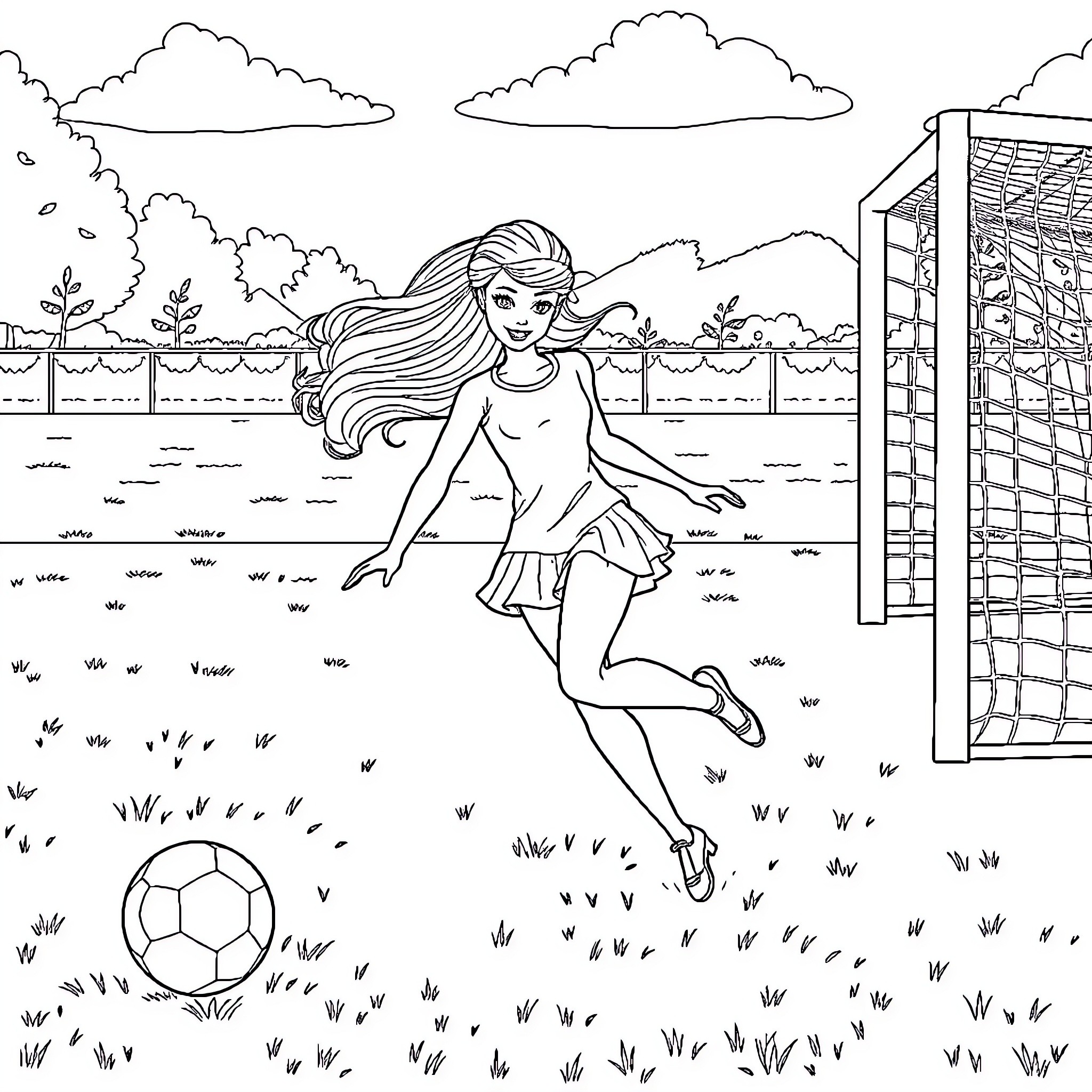 Barbie playing joyfully on the soccer field Coloring Page (free black-and-white line drawing printable PDF for all, from beginners to advanced learners, including children, teens, adults, and seniors)